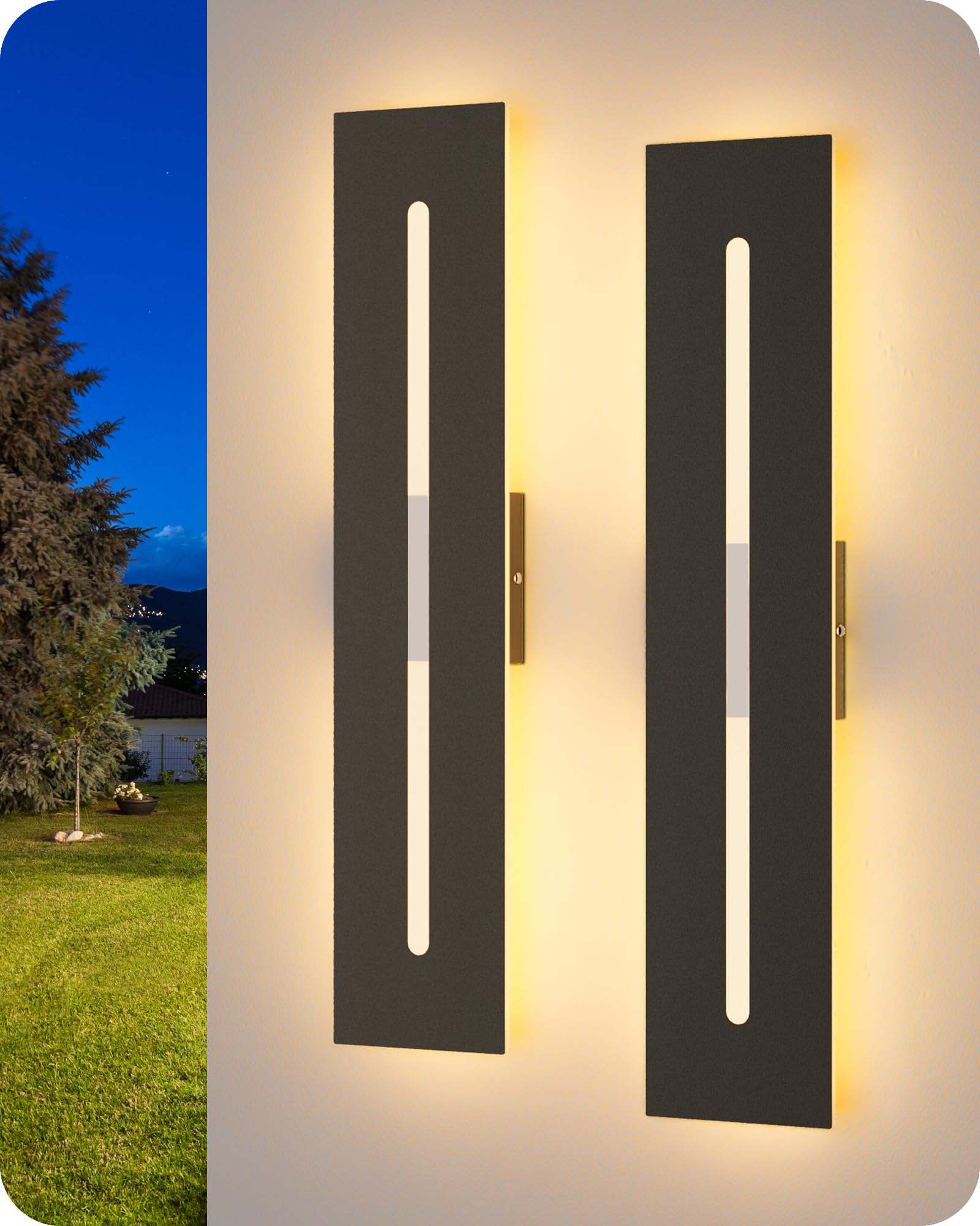 EDISHINE 23.6 Long Modern Outdoor Wall Lights, 2 Pack Rectangular Wall Mount Lighting Fixture, Iron & Acrylic, 3CCT, IP65 Waterp