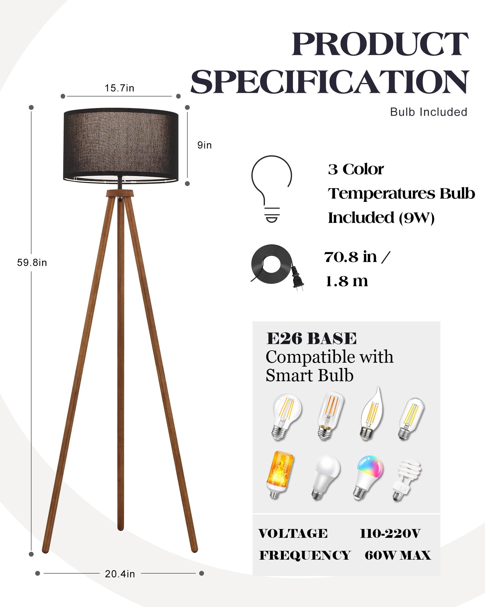 ELYONA Wood Tripod Floor Lamp, Modern Design with Black Drum Shade, 3 Color Temperatures, ETL Listed, Walnut & Black, Model UF1101-FB