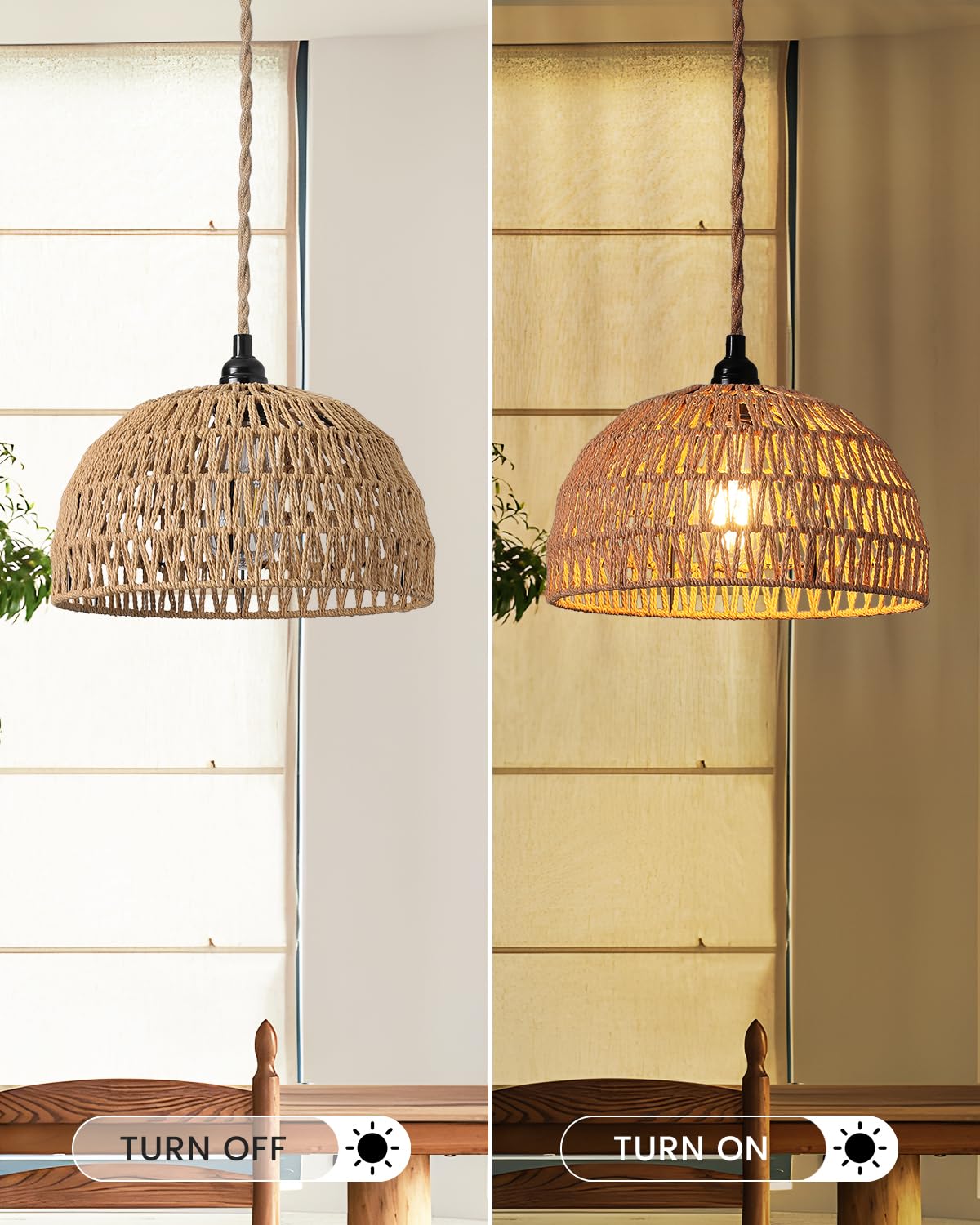 Rattan Hanging Lamp,Boho Pendant Lights,Plug In Cord Hanging Rattan Light,Plug Into Wall Outlet Pendant Light Fixture On/Off Switch For Living,Dinner Room,Bedroom,Kitchen,For E26,Without Bulb