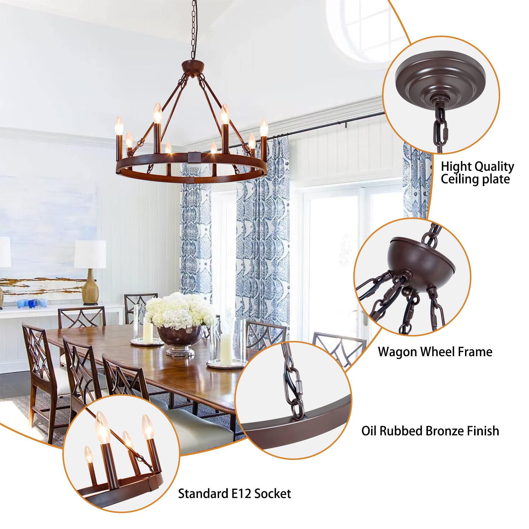 Rviezza 8 Light Wagon Wheel Chandelier, 23.6'' Oil-Rubbed Bronze Dining Room Light Fixture With Adjustable Height, Industrial Ha