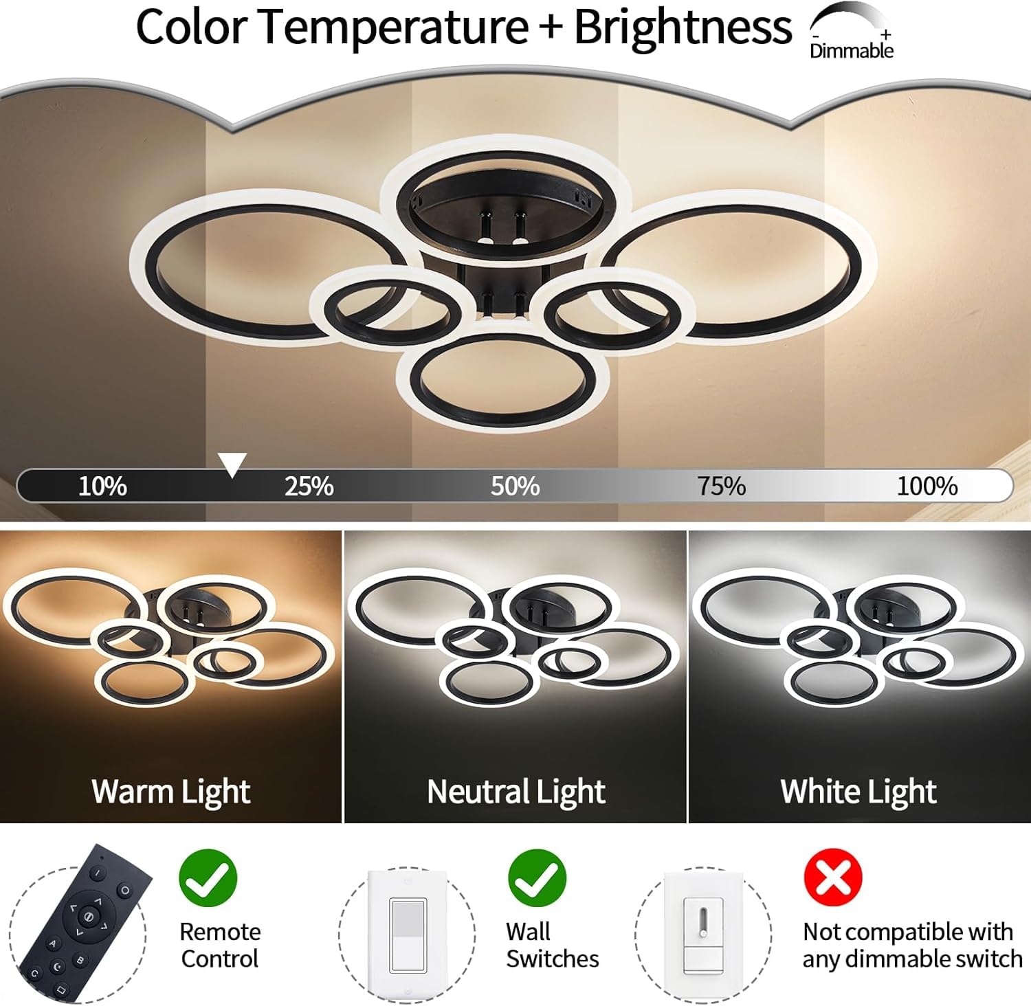 Shine Luest 6 Rings Black Modern Led Ceiling Light Fixture, Flush Mount Ceiling Light With Remote Dimmable Brightness, Adjustabl