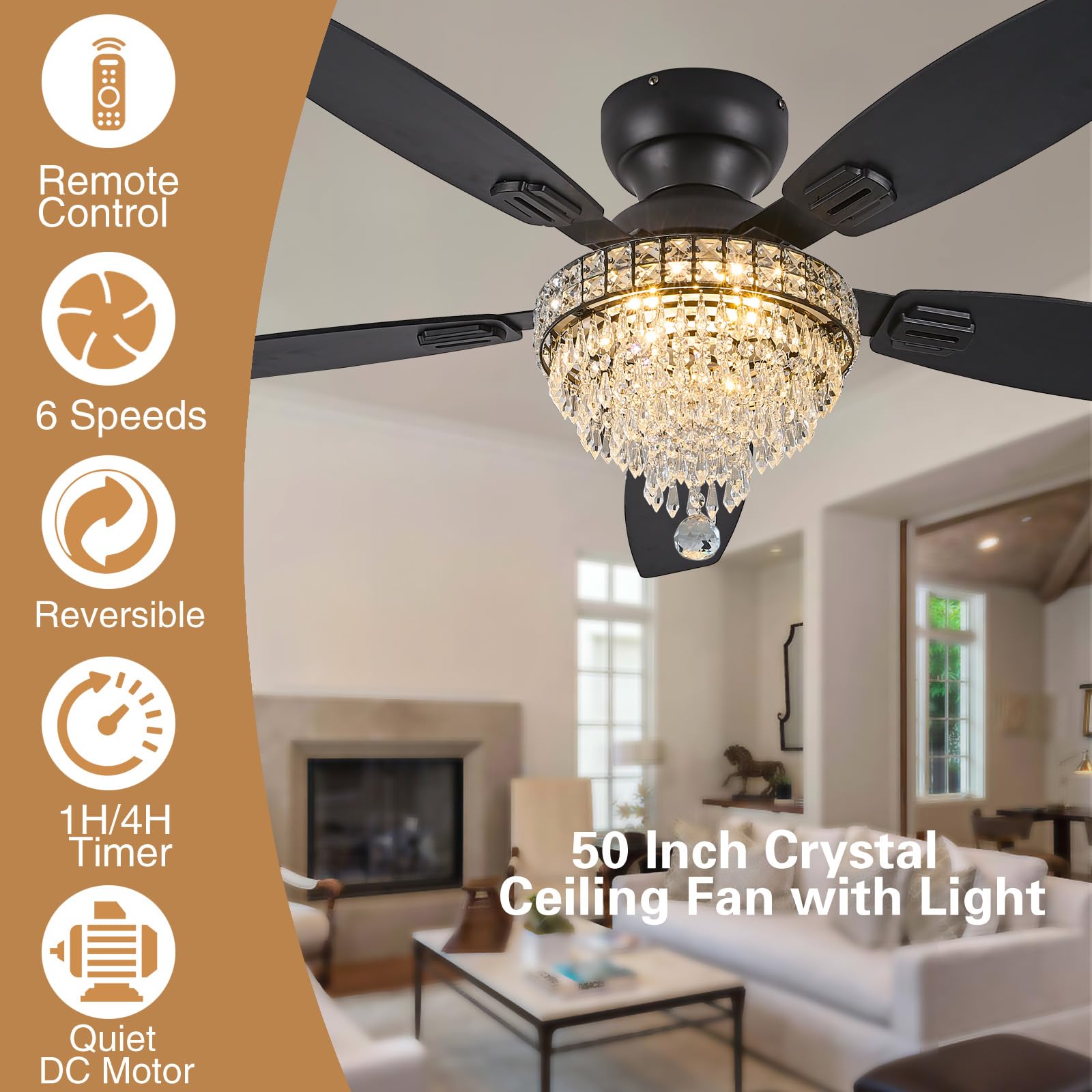 Fanyank Crystal Ceiling Fan Fandelier with Lights, 50" Black, Low Profile, Remote Control, Dimmable, Reversible, Noiseless