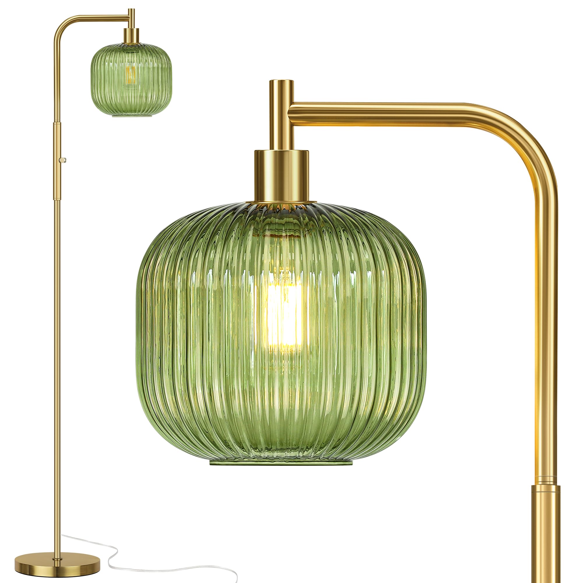 QiMH Glass Floor Lamp for Living Room  Modern Standing Lamp with Green Ribbed Glass Lampshade  Stepless Dimmable Rotary Switch  67  Tall Lamp for Bedroom Home Decor  Brushed Gold