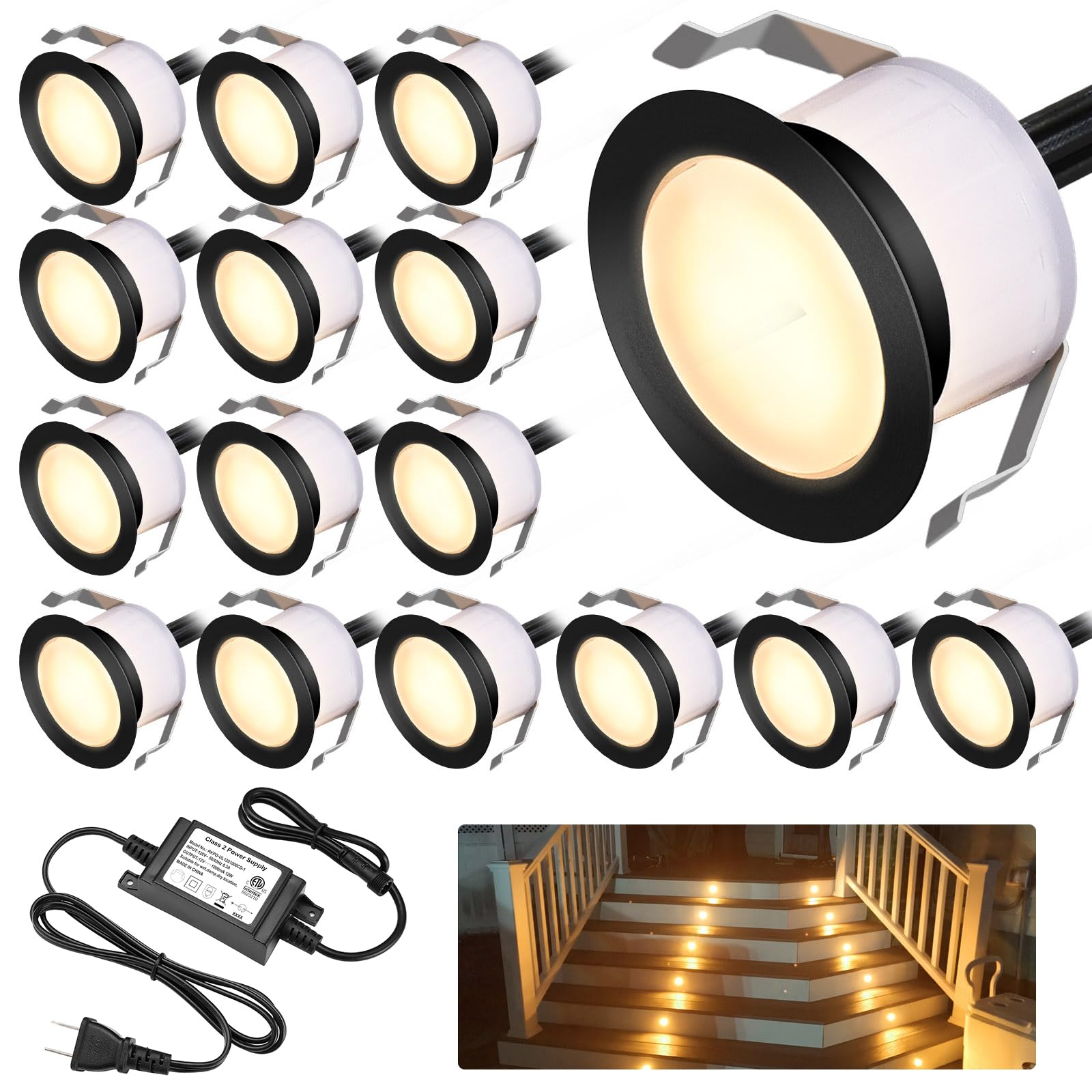GEYUEYA Home LED Deck Light Kits Warm White, F1.22 Recessed Step Light 16 Pack with Black Protective Shell, DC12V Low Voltage LE