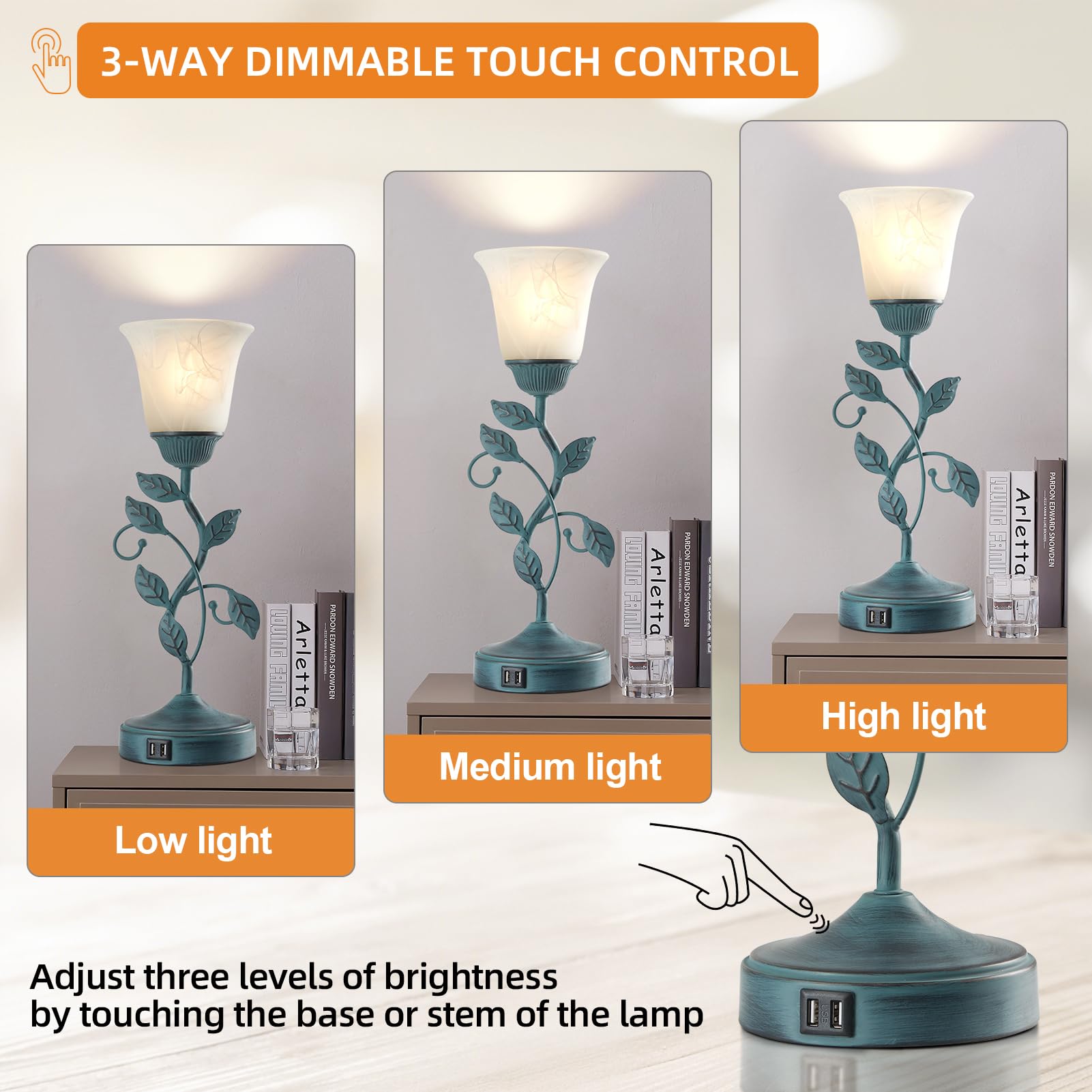 RORIANO Vintage Touch Table Lamp, 3-Way Dimmable, USB Ports, Retro Green, Model LM-8902, Glass Shade, Ideal for Living Room or Bedroom