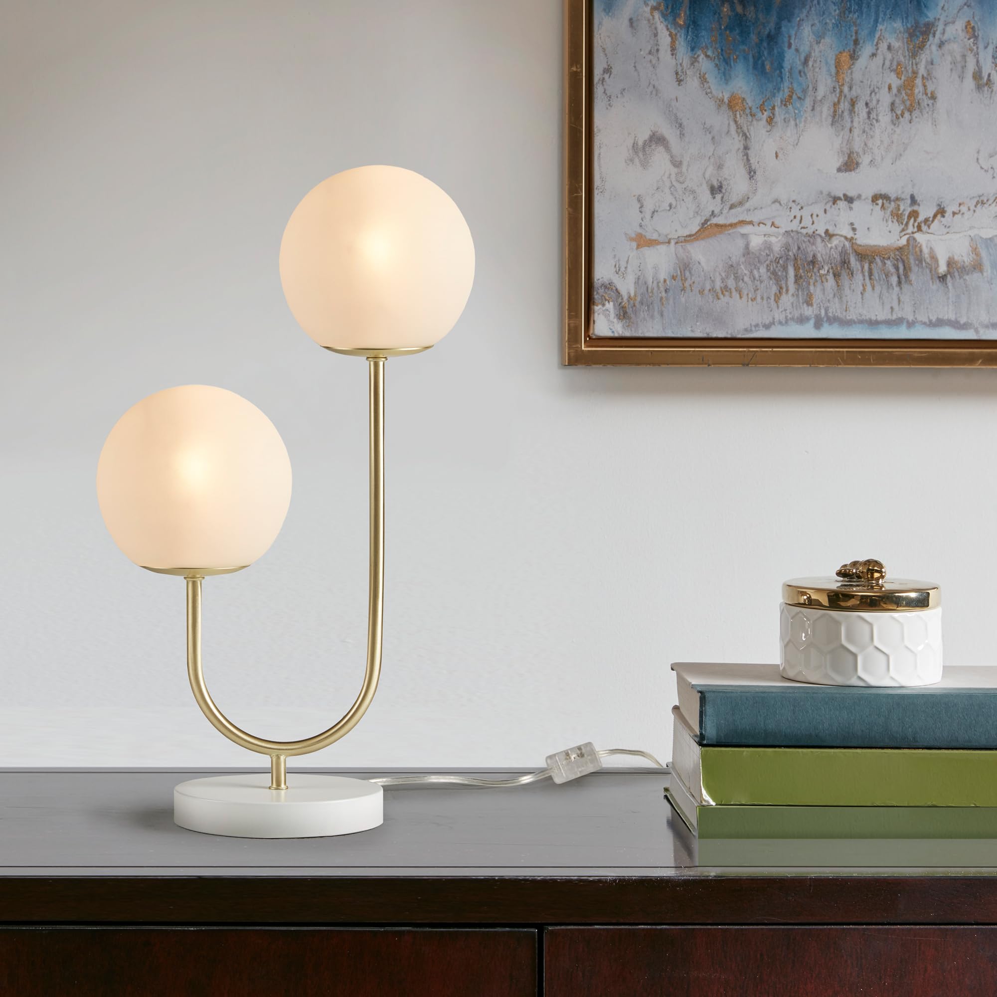 510 Design Table Lamp For Bedroom - Metal Gold Nightstand Lamp, Frosted Glass Globes Modern Bedside Lamp W/White Base, Clear Polarized Cord & In Line Switch, Accent Lamp Decor, 20&quot; H Gold/White