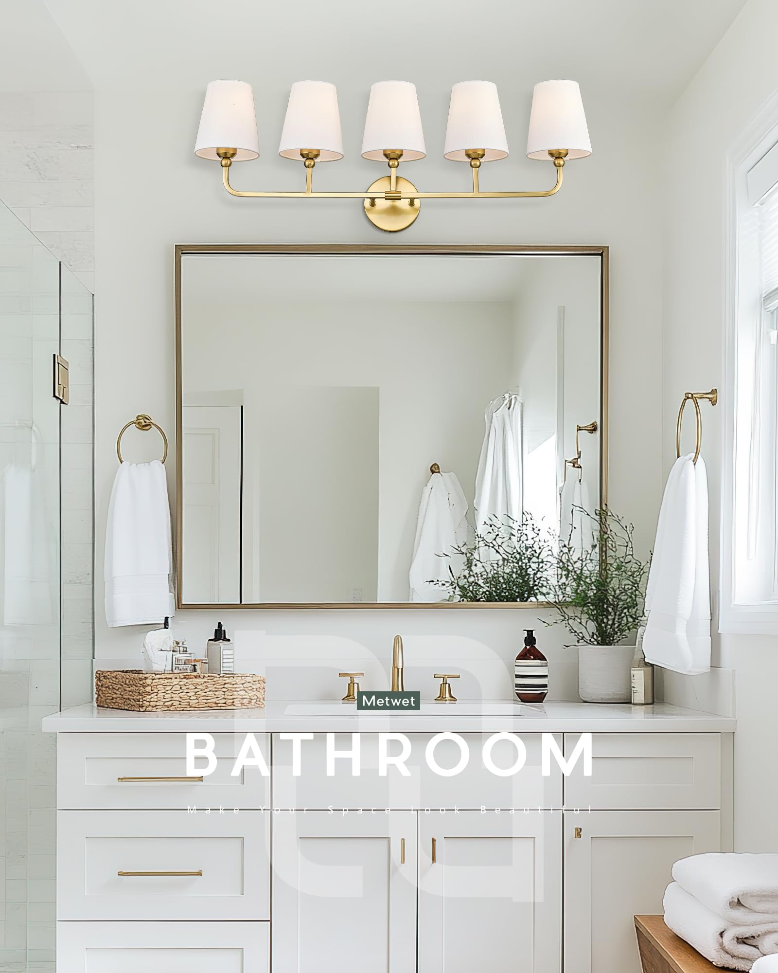 Metwet Bathroom Light Fixtures, 5 Light Brushed Gold Vanity Lights With Flared White Fabric Shade, 35 Inch Wall Sconce, Modern S
