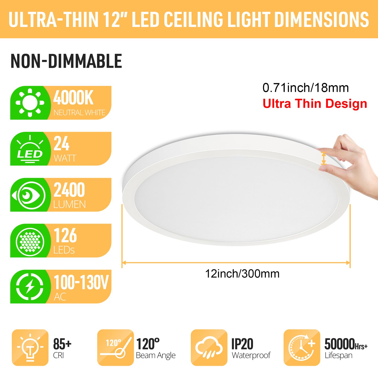 SunRider 2-Pack LED Flush Mount Ceiling Lights, 4000K Neutral White, 12 Inch, 24W, Non-Dimmable, Round Flat Design