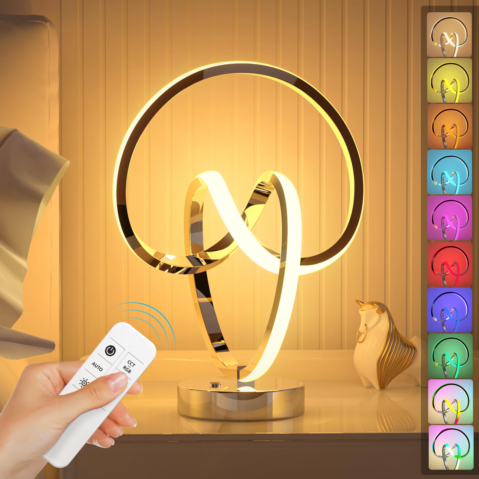 PutWish Modern Spiral LED Table Lamp, Dimmable, 16 Color Modes, Touch & Remote Control, Silver, Model MH-S