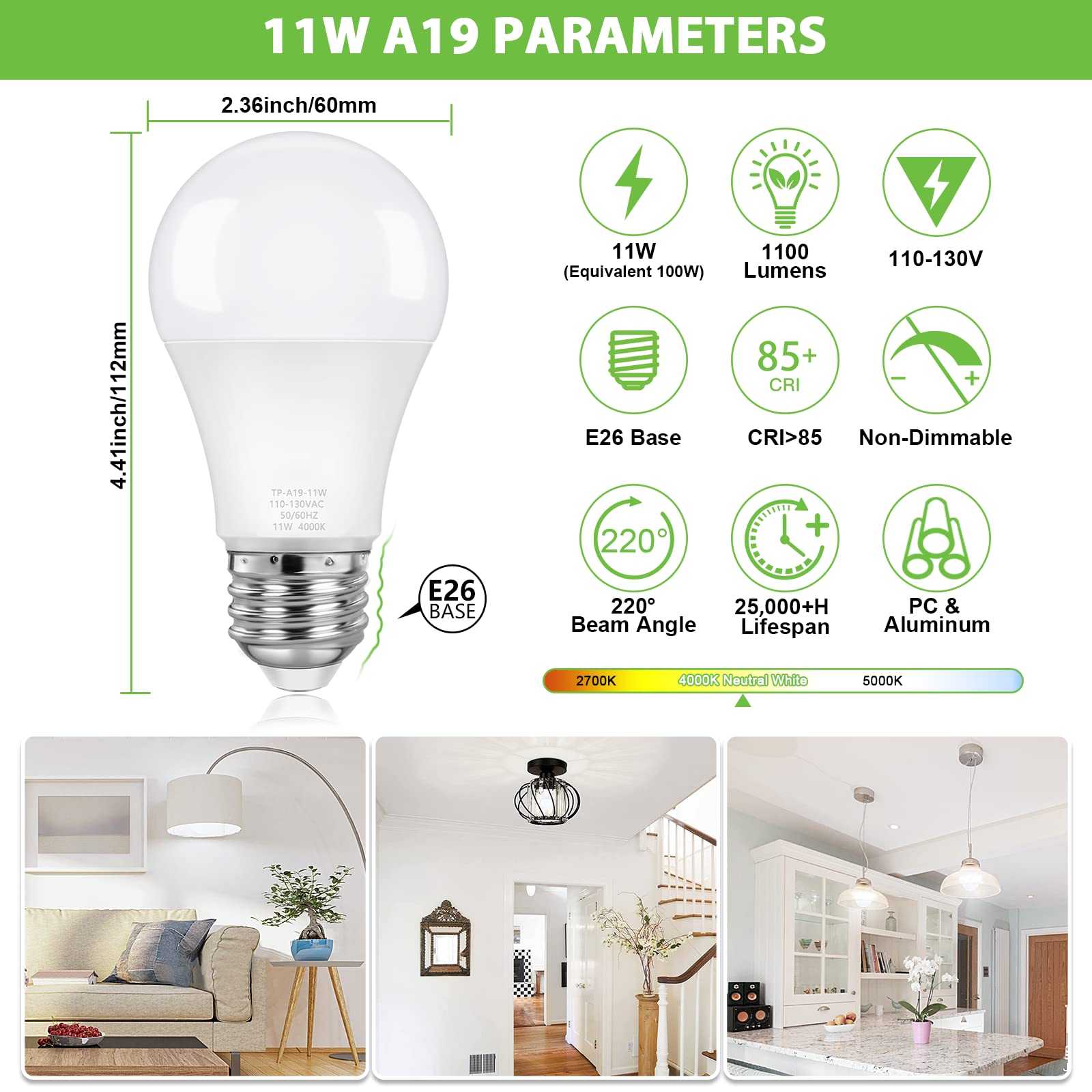 ASOMST A19 LED Light Bulbs 100W Equivalent 4000K Neutral White 1100 Lumen 11W E26 Base Pack of 4