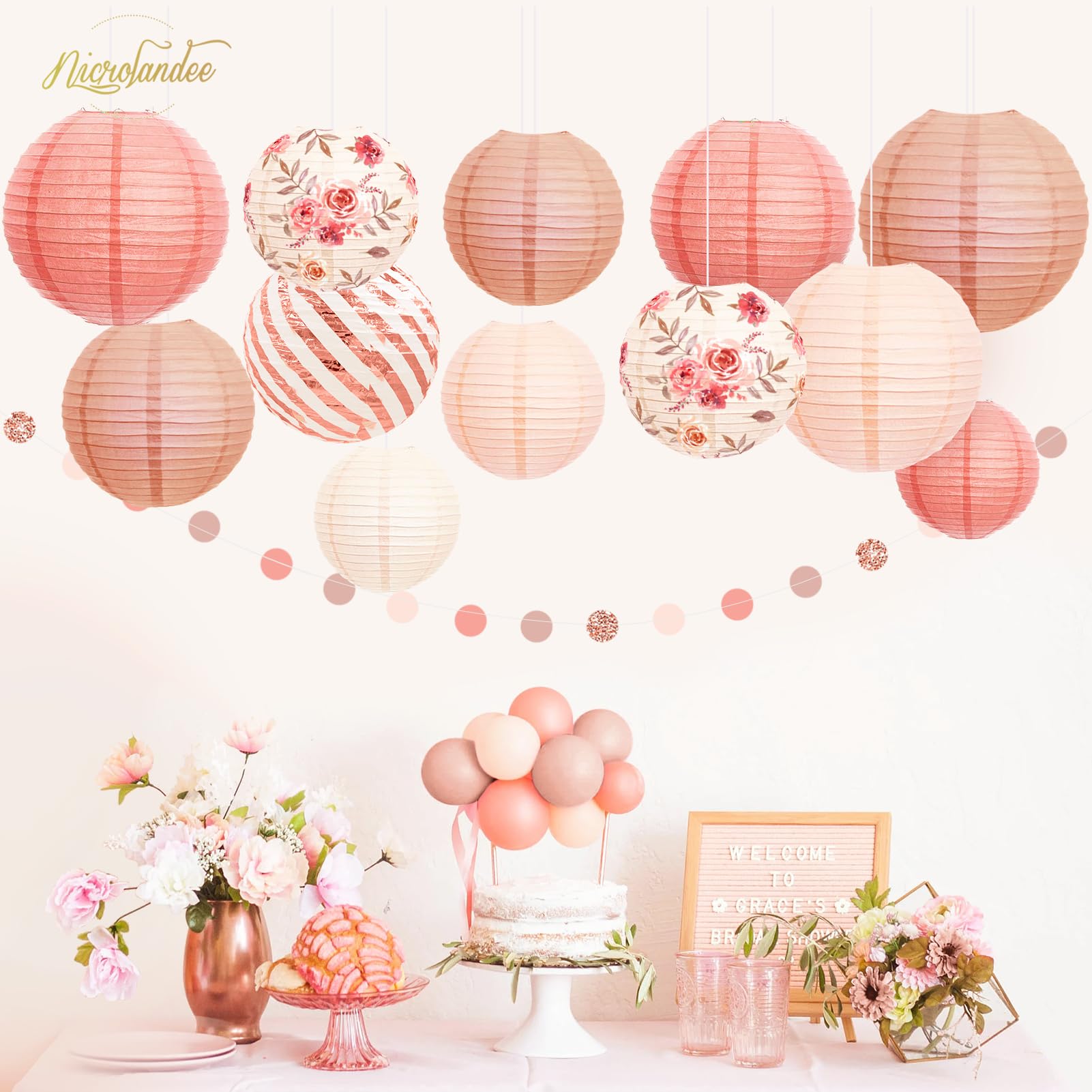 Nicrolandee 12Pcs Rose Gold Paper Lanterns - Vintage Floral Hanging Decorations For Weddings, Baby Showers, Anniversaries, And Birthdays