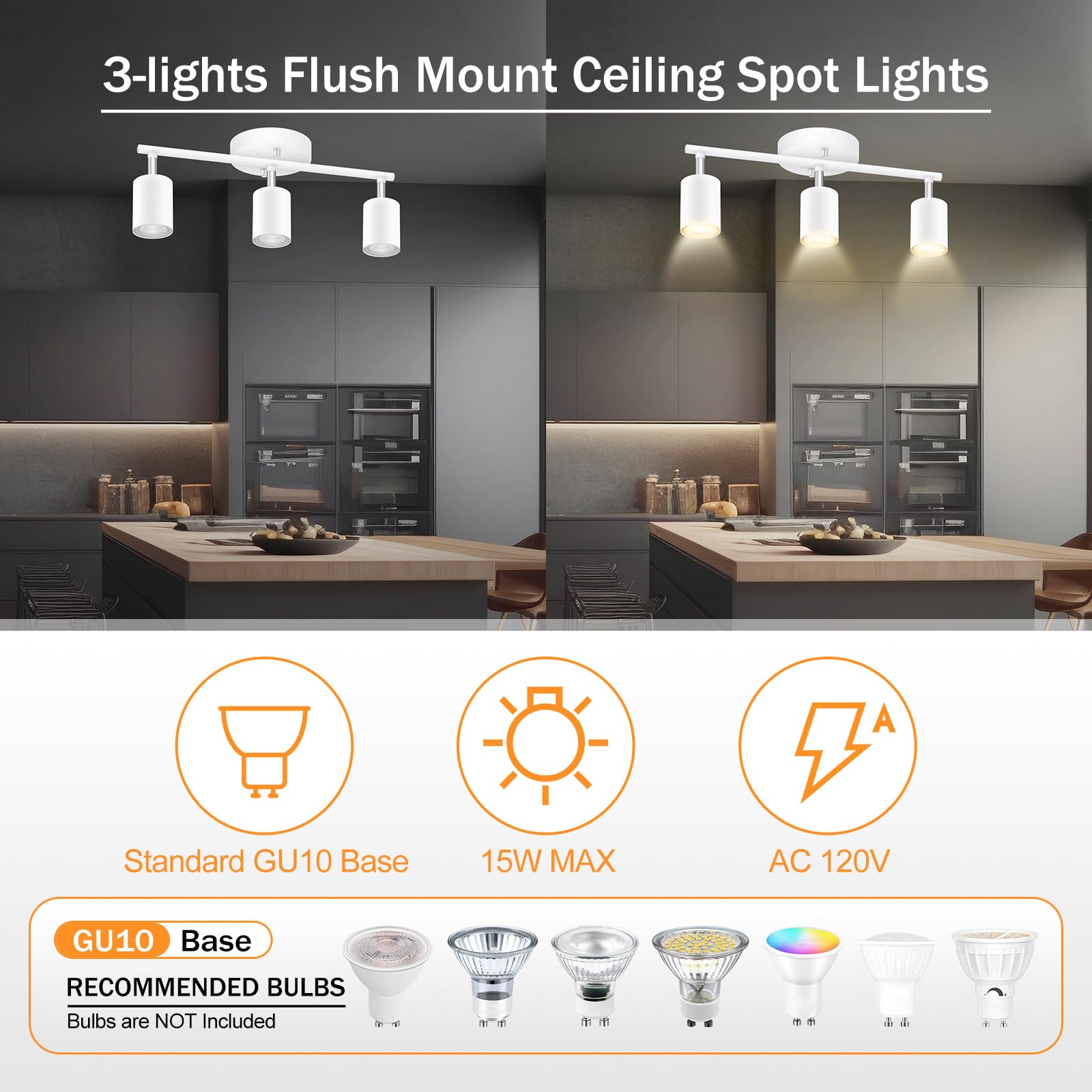 White Track Lighting, 3 Light Track Lighting Kit, White 3 Way Modern Ceiling Spotlight, Flexibly Rotatable Light Head, Industria