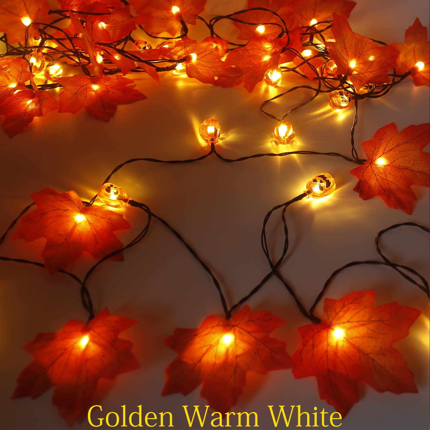 Xingpold Solar Pumpkin Maple Leaf String Lights, 50LED 30ft, Waterproof Fall Decor, Gold for Thanksgiving Halloween Garden