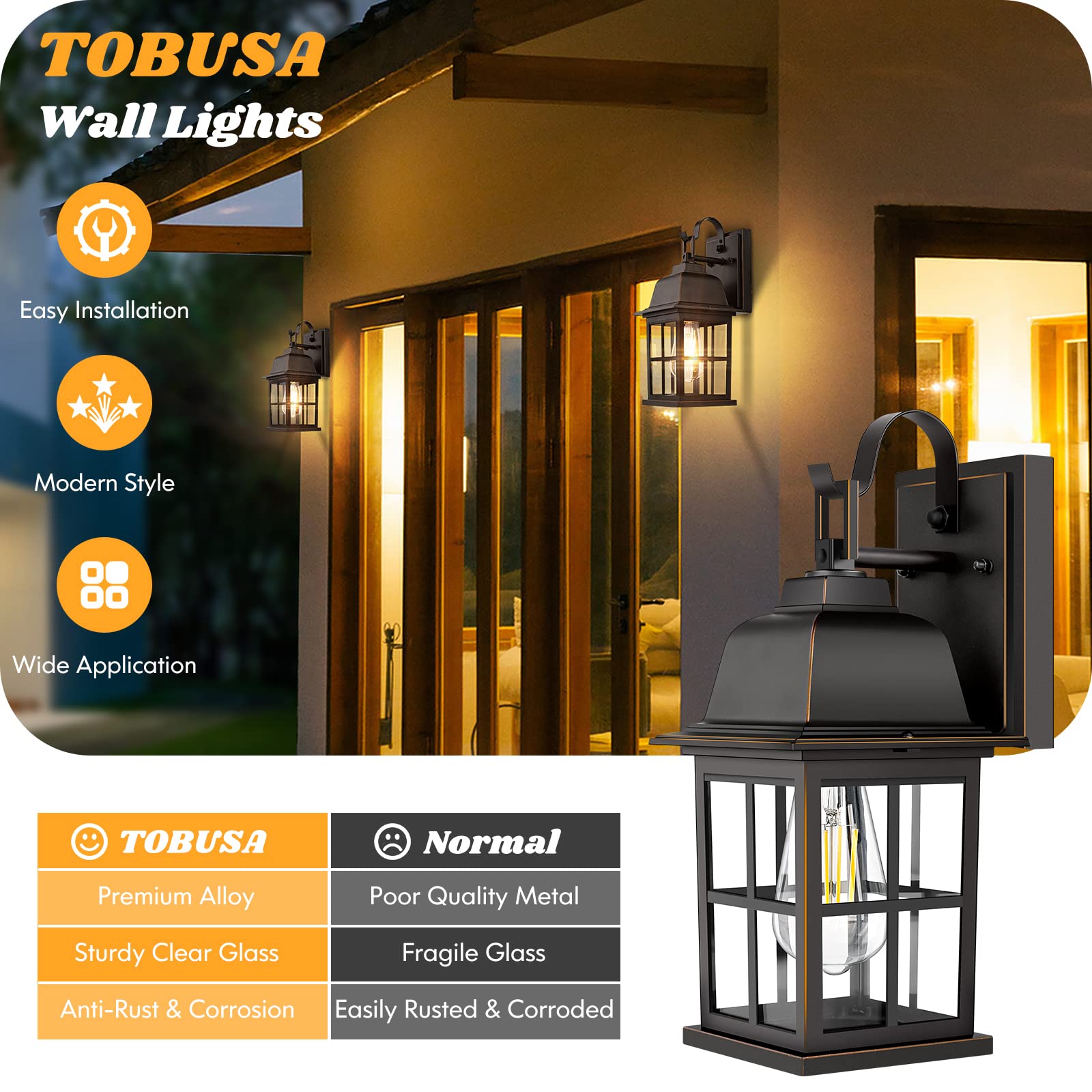 2-Pack Outdoor Wall Sconces, 100% Aluminium Oil-Rubbed Bronze Exterior Light Fixtures Wall Mount, Waterproof &Anti-Rust Outside