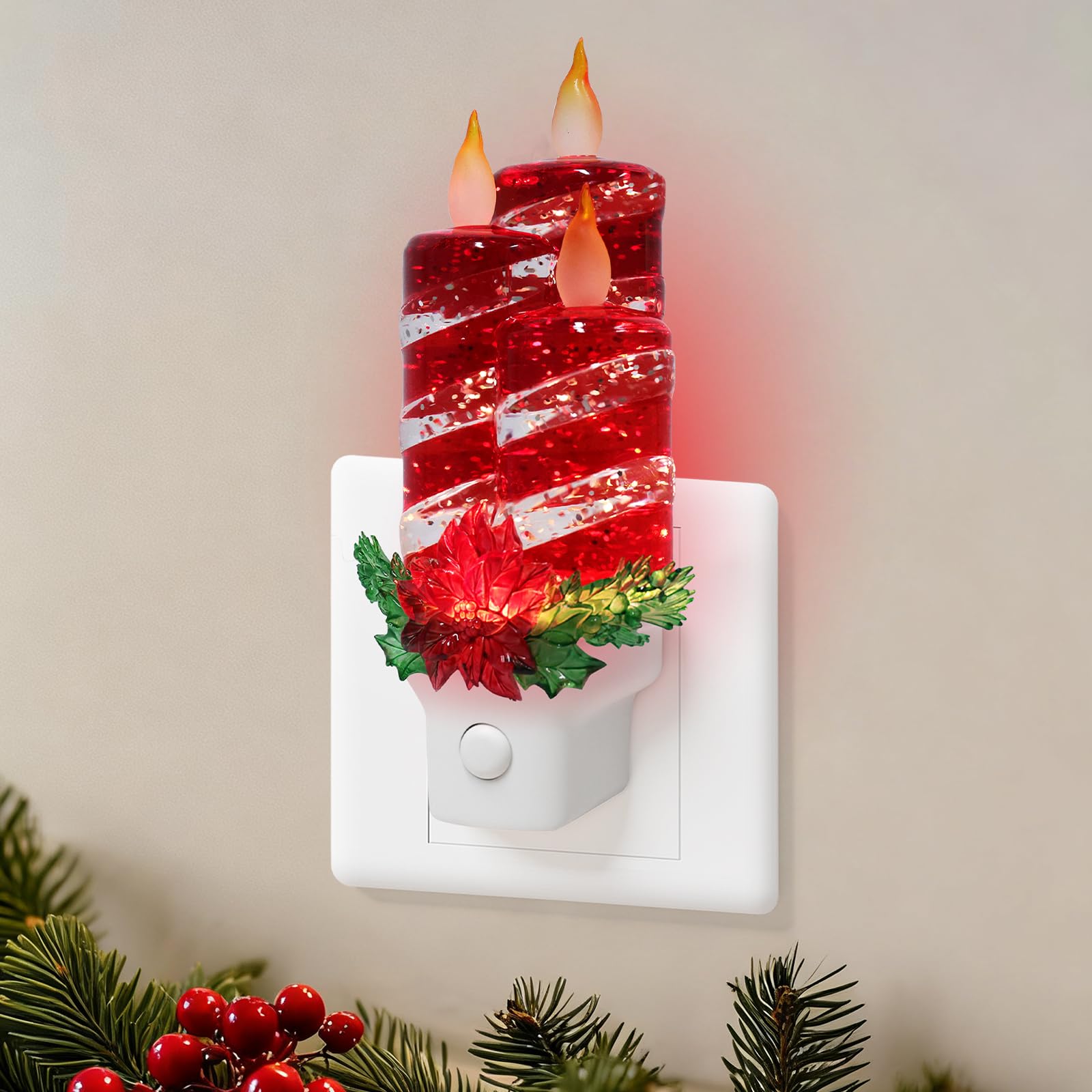 Christmas Candle Night Light Plug into Wall Glitter Water Nightlight with USB/Outlet Options  Christmas Decorative Nightlight for Bedroom Kitchen Nursery Hallway Holiday Decorations Gifts (Red Candle)