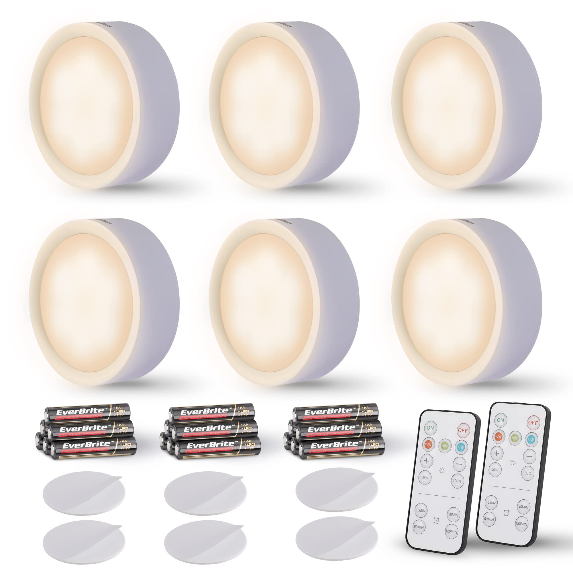 EverBrite Puck Lights with Remote, Wireless LED Battery Operated, Under Cabinet Timer, Stick on Light, Closet Light Dimmable for