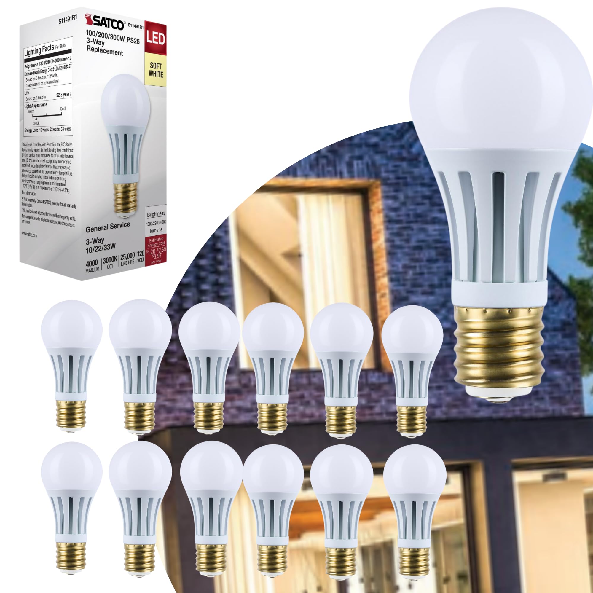 Satco Led Three-Way Lamp, 10/22/33W, Mogul Base, 3000K, White Finish (12)