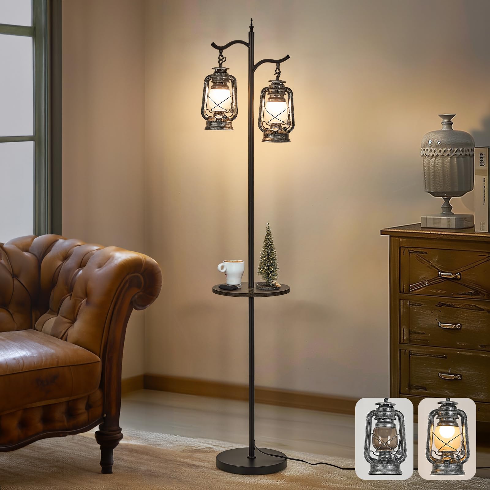 workluurop Farmhouse Floor Lamp, Double Head Vintage Lantern, Metal, Silver Finish, Model HYZC765