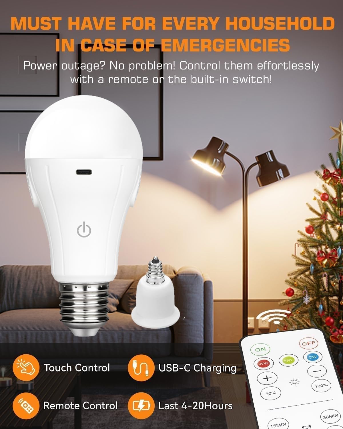 BoRccdit CordlessGlow 15W E12 Rechargeable Light Bulbs, Dimmable, Remote Control, 2-Pack, 3000-4000-6000K, ABS