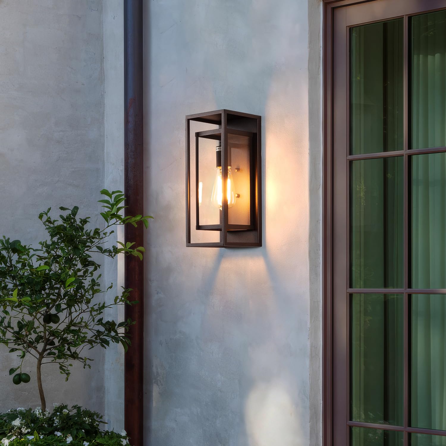 mirrea 14in Outdoor Wall Sconce 1 Light, Waterproof, Rectangular Metal Frame, Clear Glass Shade, Oil-Rubbed Bronze, Model BH009, Pack of 2