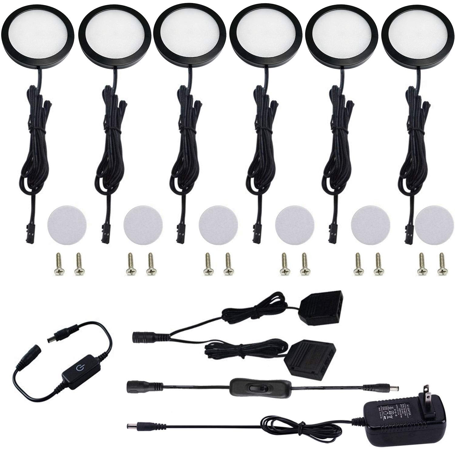 Aiboo Under Cabinet Led Black Cover Puck Lighting Kit With Touch Dimmer Switch For Kitchen Cupboard Closet Lighting (6 Lights Daylight White)