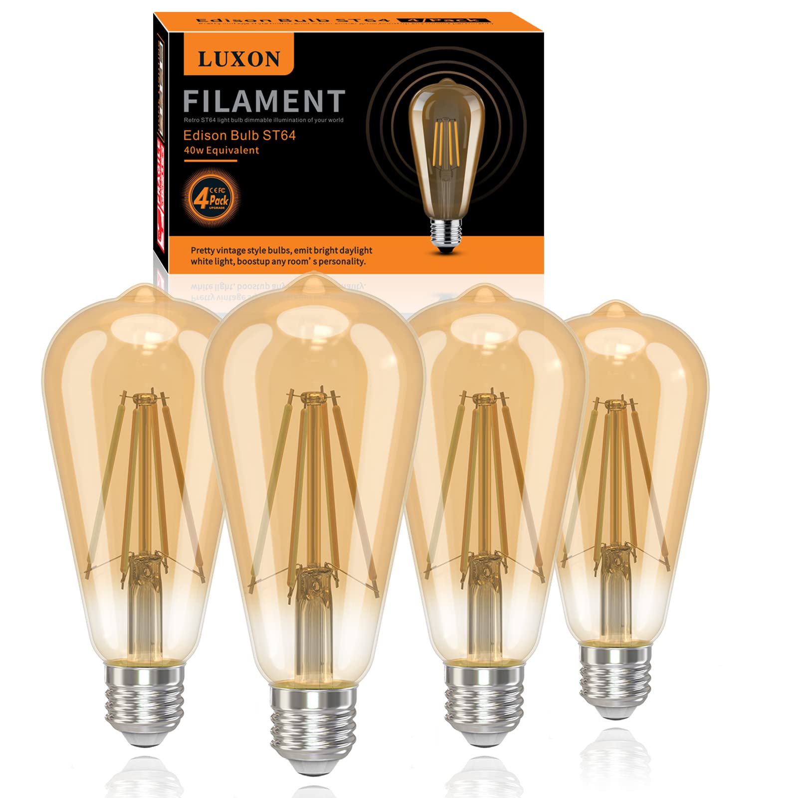 LUXON LED Edison Bulbs Dimmable 4Watt(Equivalent 40W) 4000K Daylight White (Amber Glass) ST64 Antique Vintage Style Filament Edison Light Bulbs E26 Base CRI 90+ Pack of 4