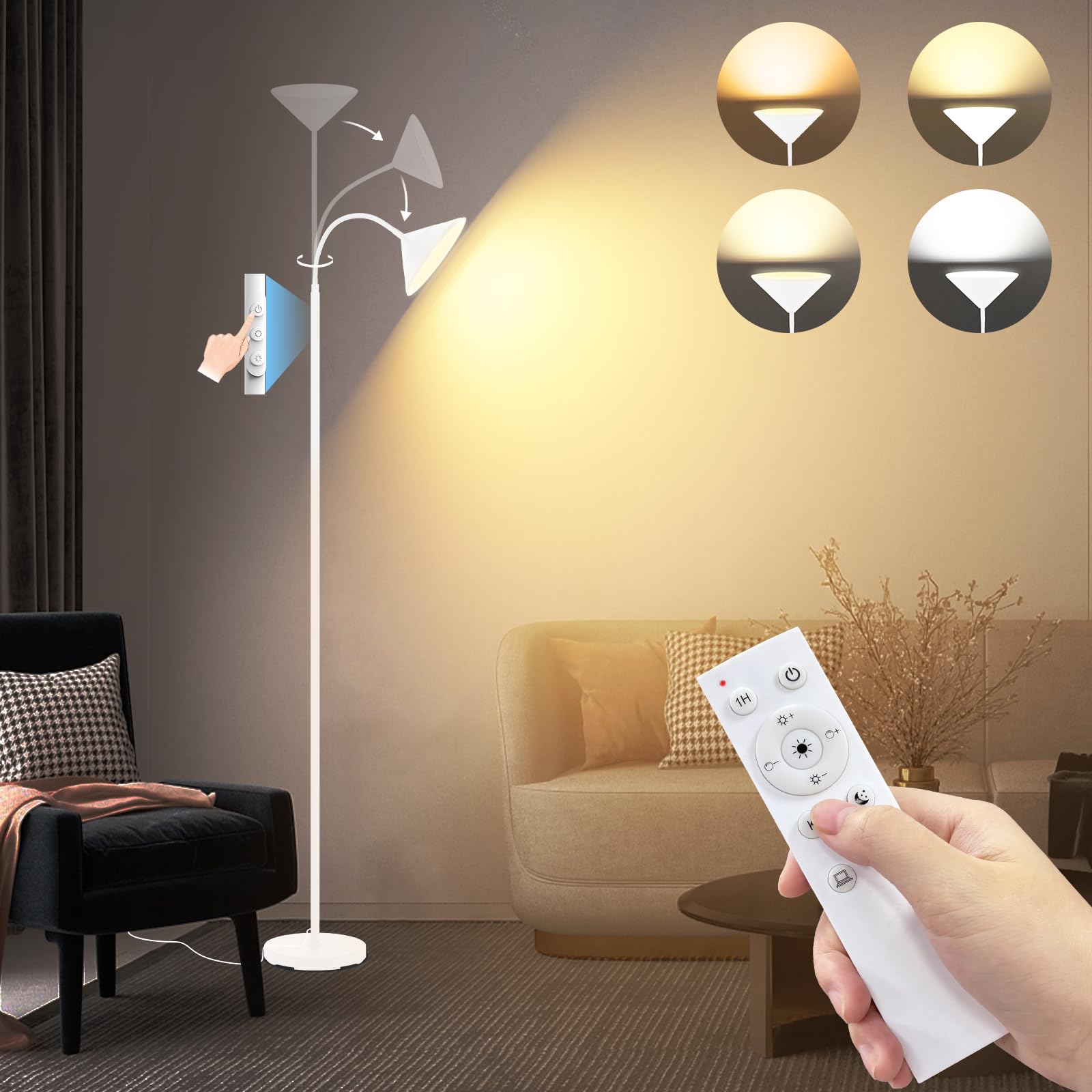 mukuxin LED Floor Lamp, 18W Floor Lamp with Remote & Touch Control, 2700K-6500K Adjustable Eye Caring Standing Light for Living 