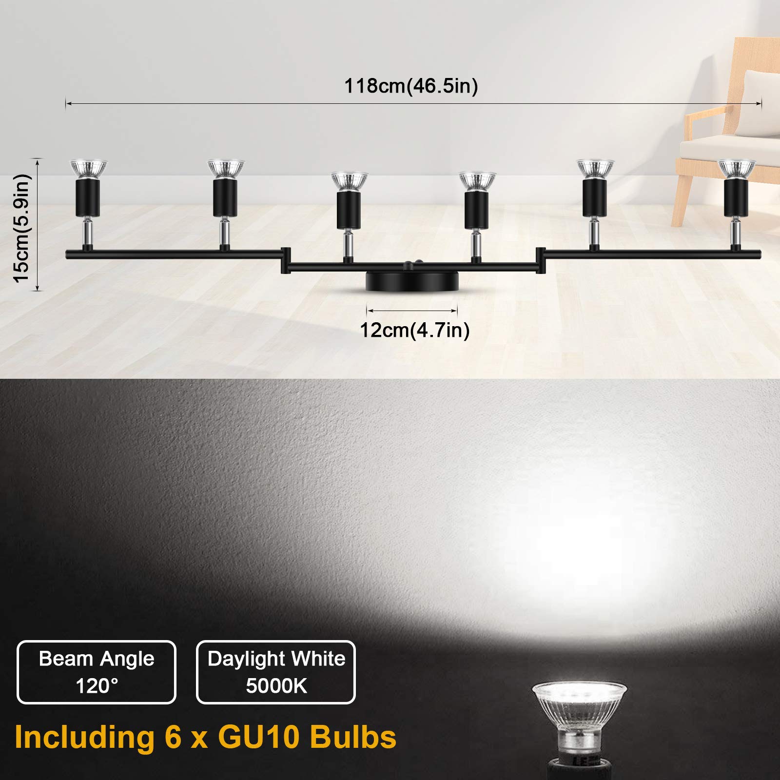 Ascher 6-Light Led Track Lighting Kit, Flexibly Rotatable Light Heads, 6 Way Ceiling Spotlight Black Finish, Including 6 Gu10 Le