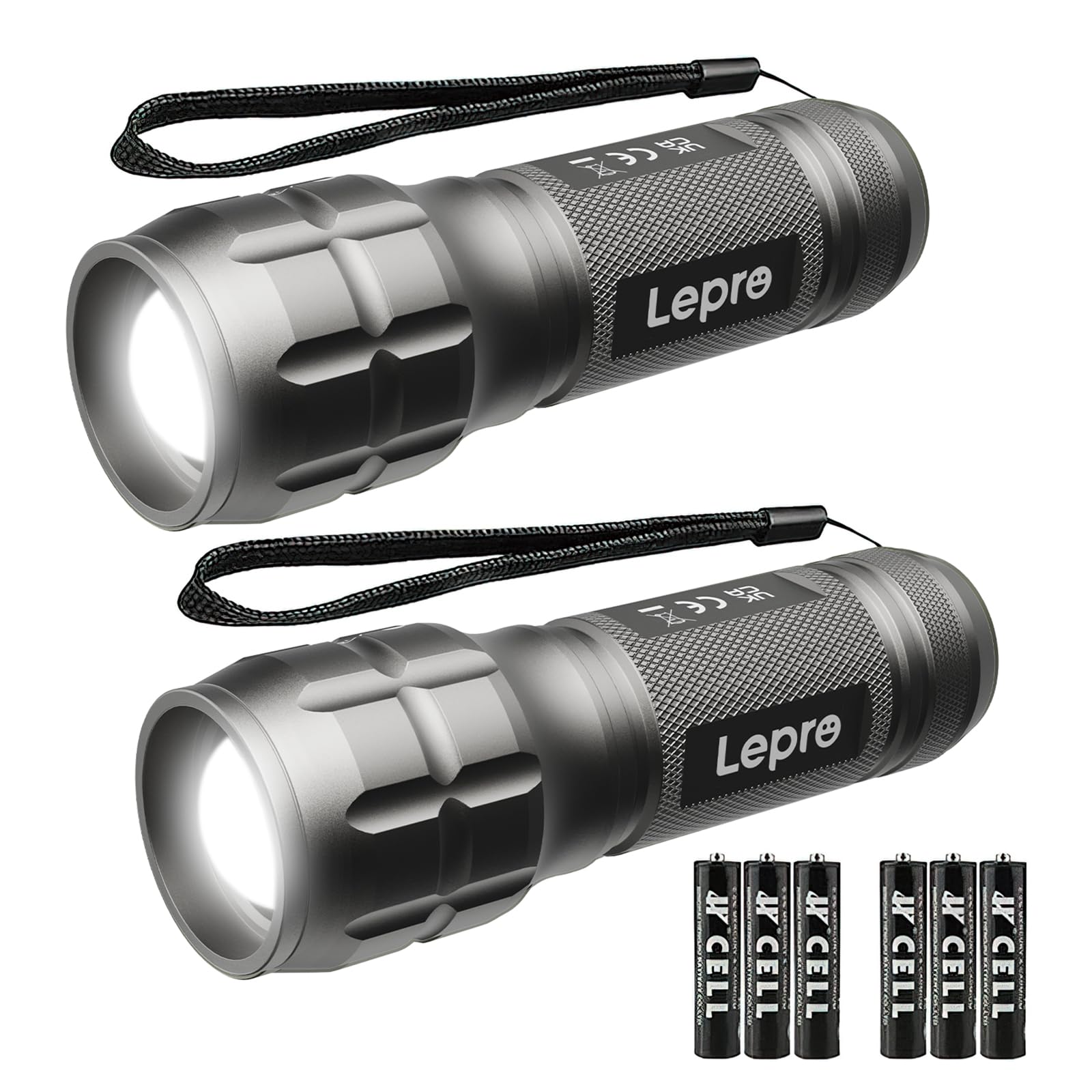 Lighting EVER LED Flashlight, High Lumens, Waterproof, Small Size, Aluminum, Gray, Model 1200012, 2 Pack