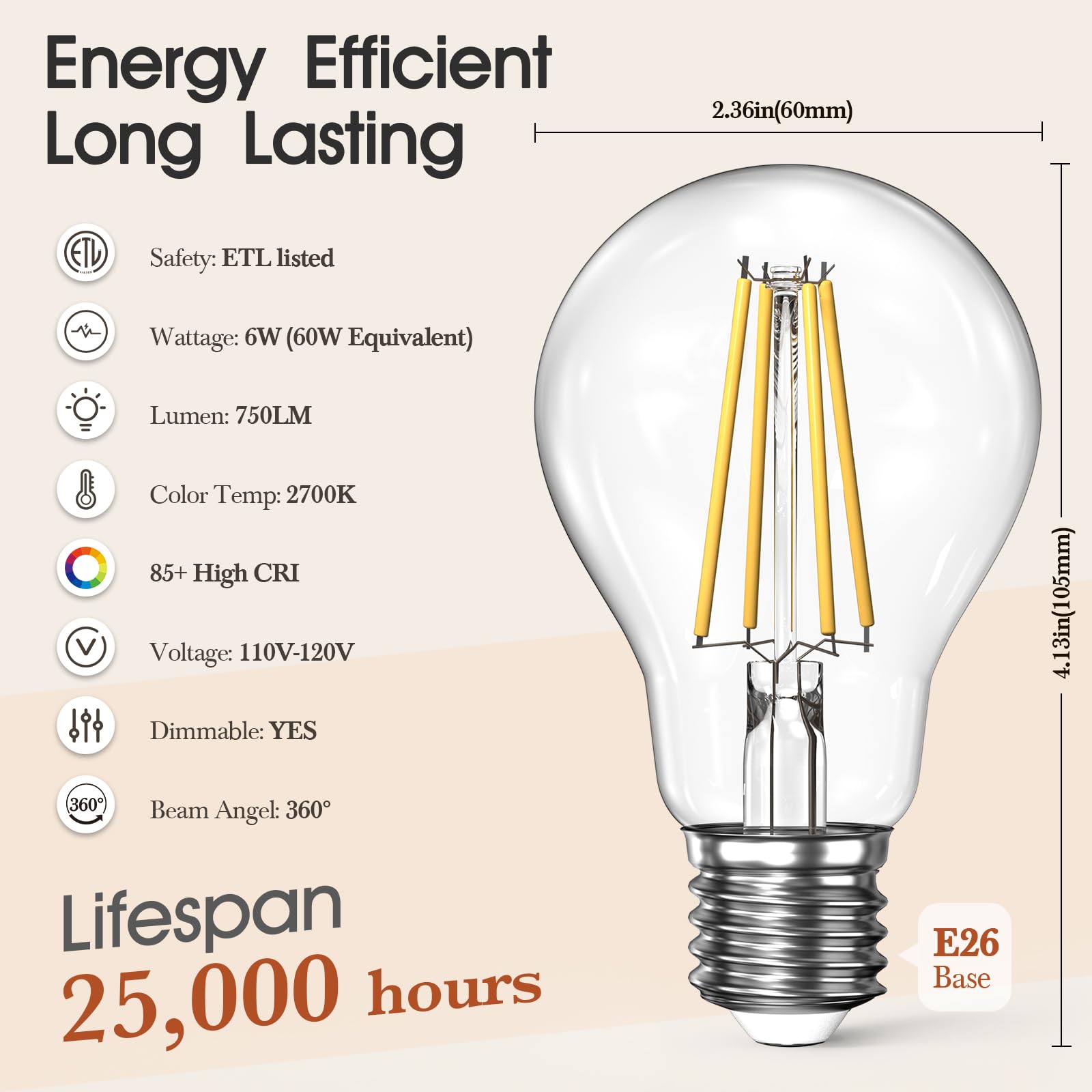 Dimmable Led Light Bulbs 60W Equivalent, 2700K Warm Soft White Light Led Bulbs 6W, A19 Led Bulb 60W Clear Glass Antique Filament