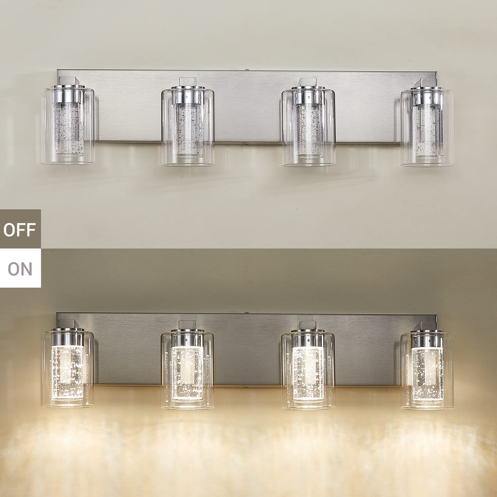 Yenlacy Bathroom Vanity Light, 4-Light Brushed Nickel, Dimmable 3-Color Crystal Bubble Glass