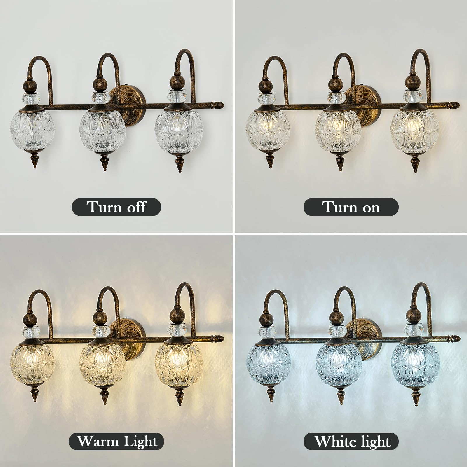 Piepooye Vintage Bathroom Light Fixtures Bronze Vanity Light With Glass Globe Lampshade 3 Lights Mid Century G9 Bulb Wall Sconce