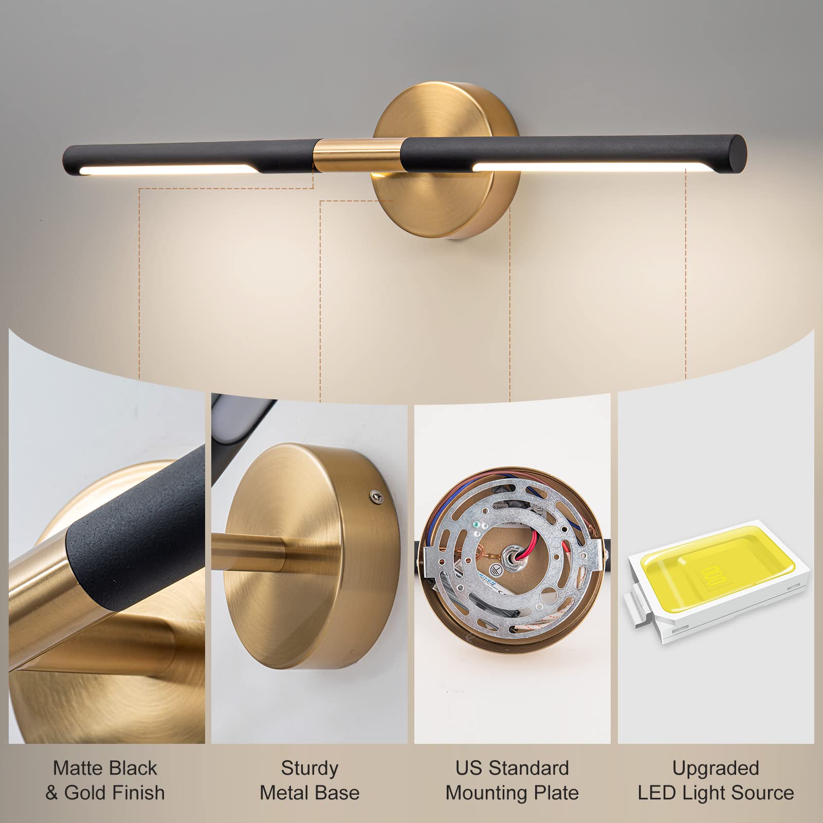 Linseeds Modern Bathroom Light Fixtures Over Mirror 24 Inch, 18W 360° Rotatable Dimmable 4000K Led Vanity Light Bar, Black And Gold Bathroom Vanity Lights Above Mirror, Led Bathroom Lighting