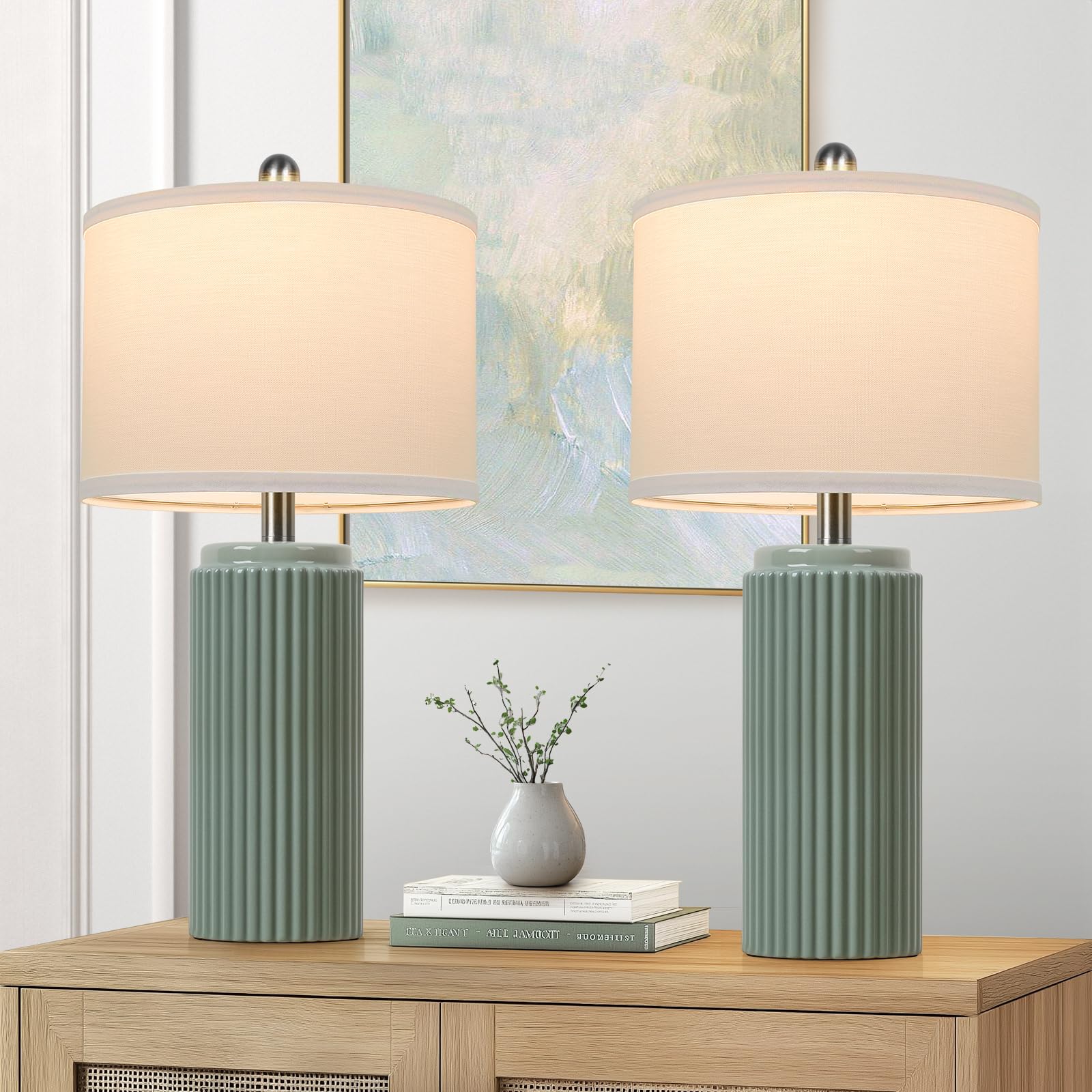 TOBUSA 23.5 Modern Green Ceramic Table Lamps Set of 2 for Living Room, Farmhouse Ceramic Bedside Nightstand Lamps for Bedroom, V