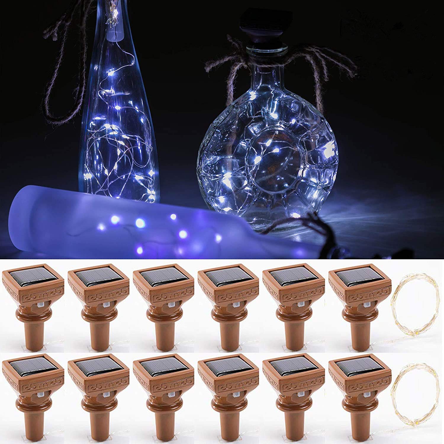 YJFWAL 2024 Upgraded 12 Pack Solar Wine Bottle Lights,20 LED Starry Cork Lights Solar Operated Mini Copper String Lights for Wine Bottles with Cork Christmas,Outdoor,Wedding Deco(Cool White)