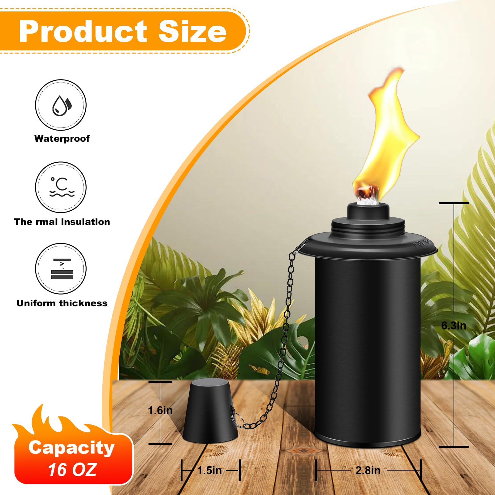 Fan-Torches 6 Pack Refillable Torch Canisters With Wicks & Caps - Outdoor Citronella Fuel