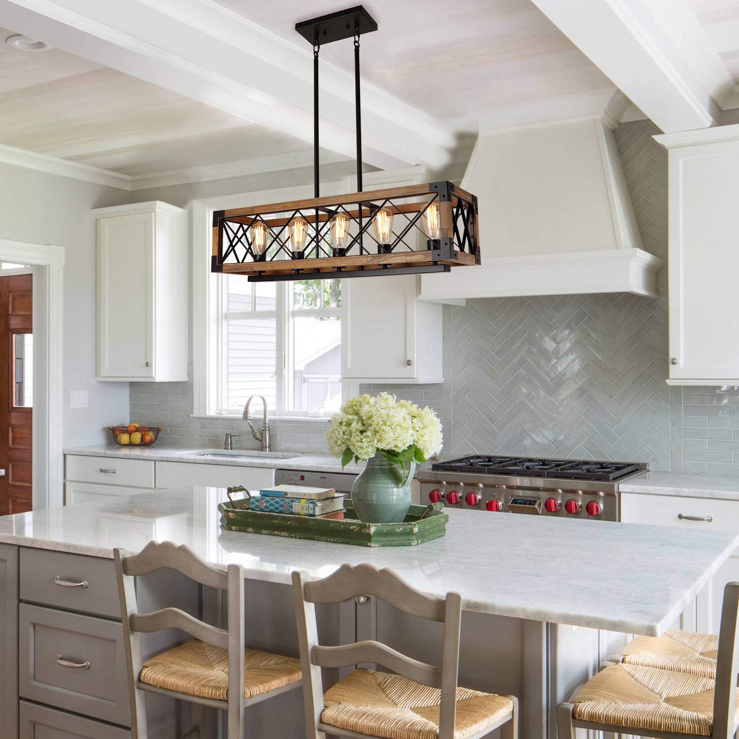 Giluta 5-Light Rectangle Wood Chandelier, Metal Farmhouse Pendant Lighting, Model C0080, UL Listed