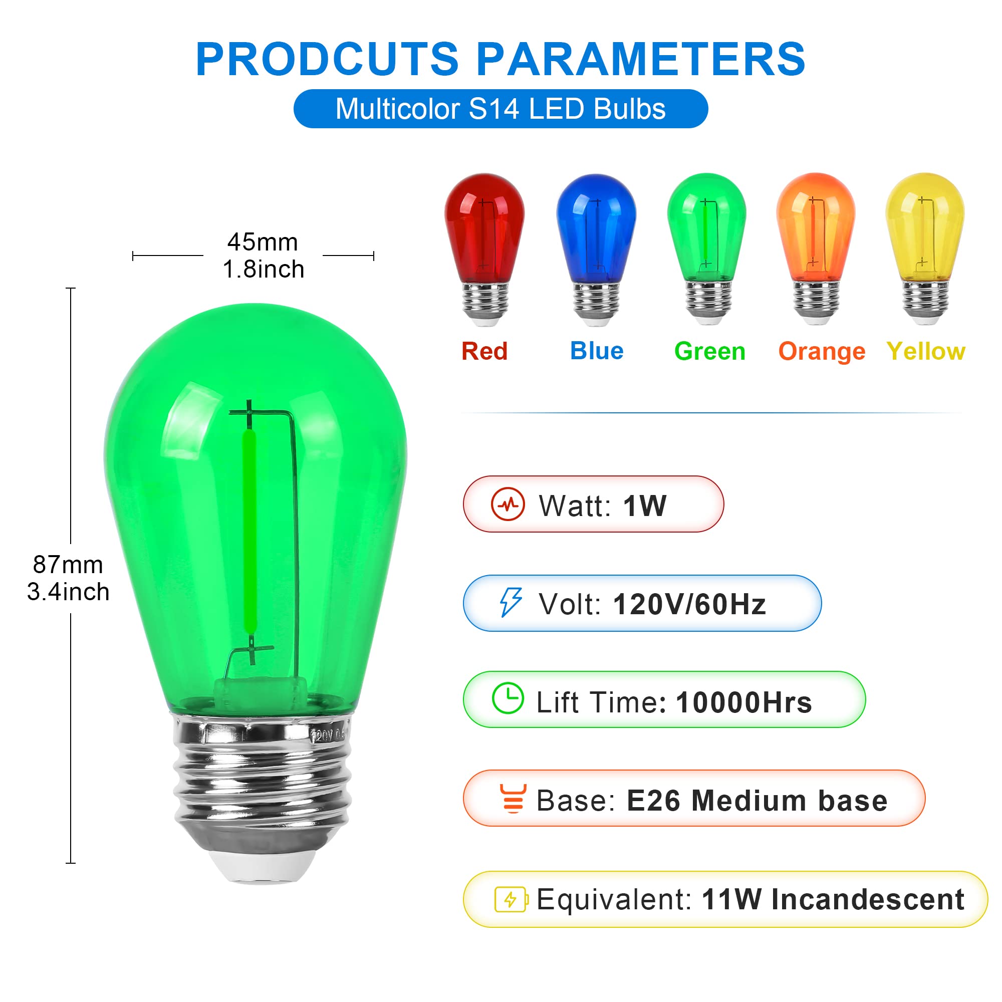 Neanete Multi Color S14 Led Light Bulbs, Shatterproof, Patio Pack Of 15, E26 Base