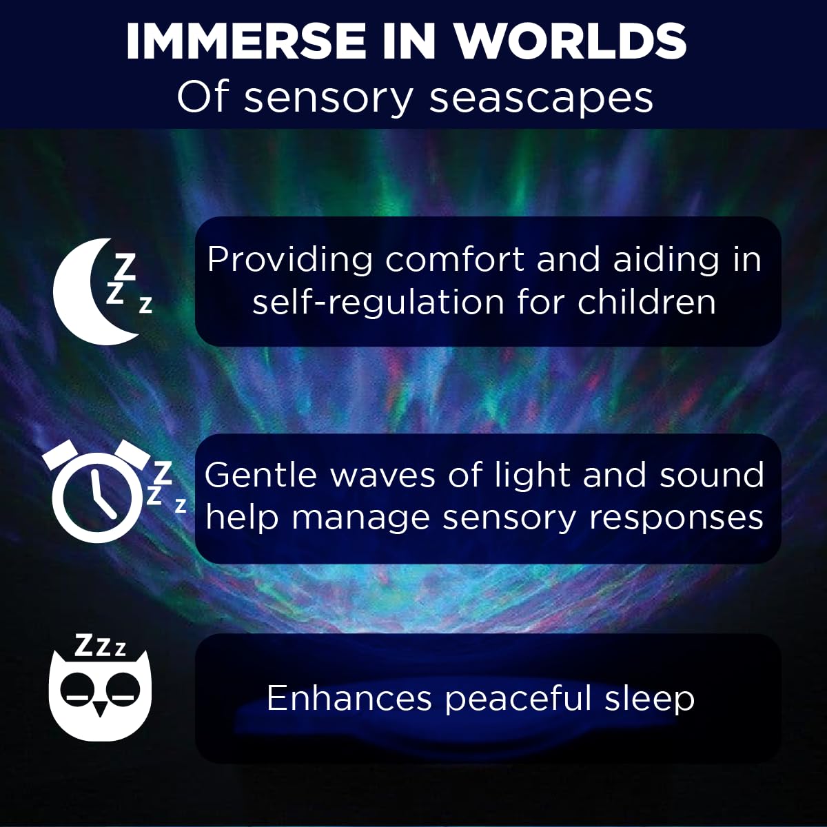 Bright Autism Calming Sea Lamp - Night Light Projector, 7 Light Modes, Color Changing, Black