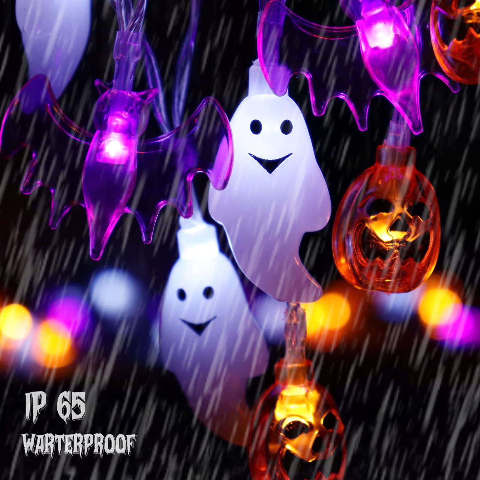 Zimati Halloween Lights, 16 FT 30 LED Waterproof 3D Pumpkin Bat Ghost String Lights, Battery Operated, 8 Lighting Modes, Orange-Cool White-Purple