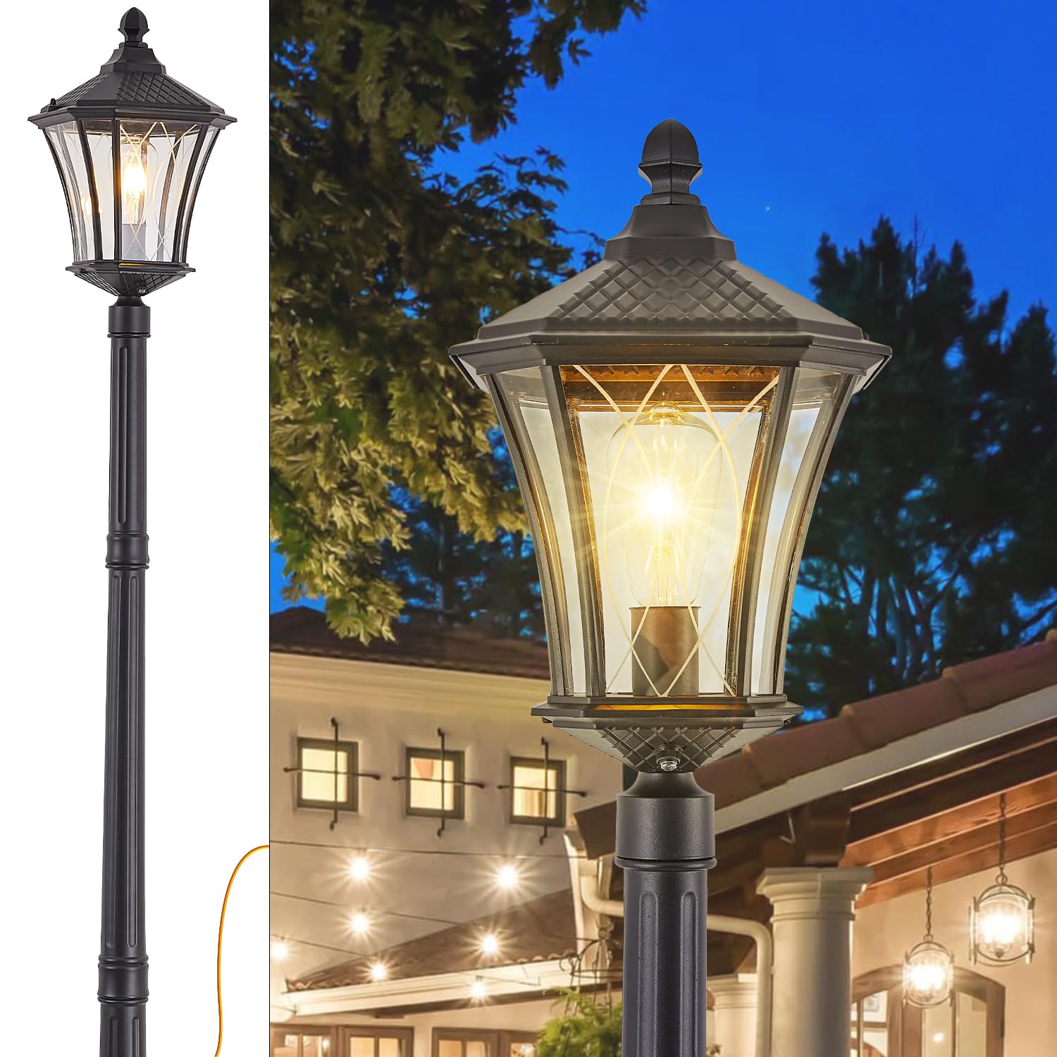 SCNYCUL Outdoor Lamp Post Lights with Outlet, Dusk to Dawn Pole Lamp with Patterned Glass, Aluminum Waterproof Outside Street Li