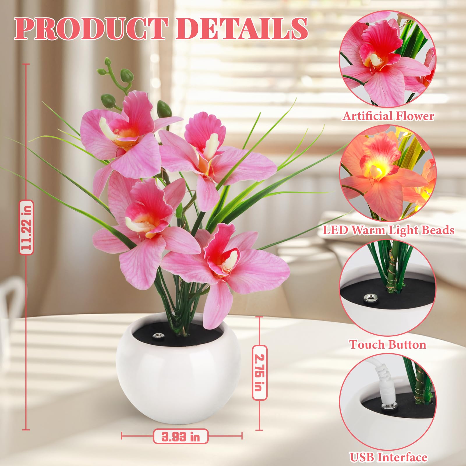 Strackvial Artificial Flower Night Light, Touch Stepless Dimming Usb Rechargeable Pink Orchid Flower With Vase Lamp, Led Desktop