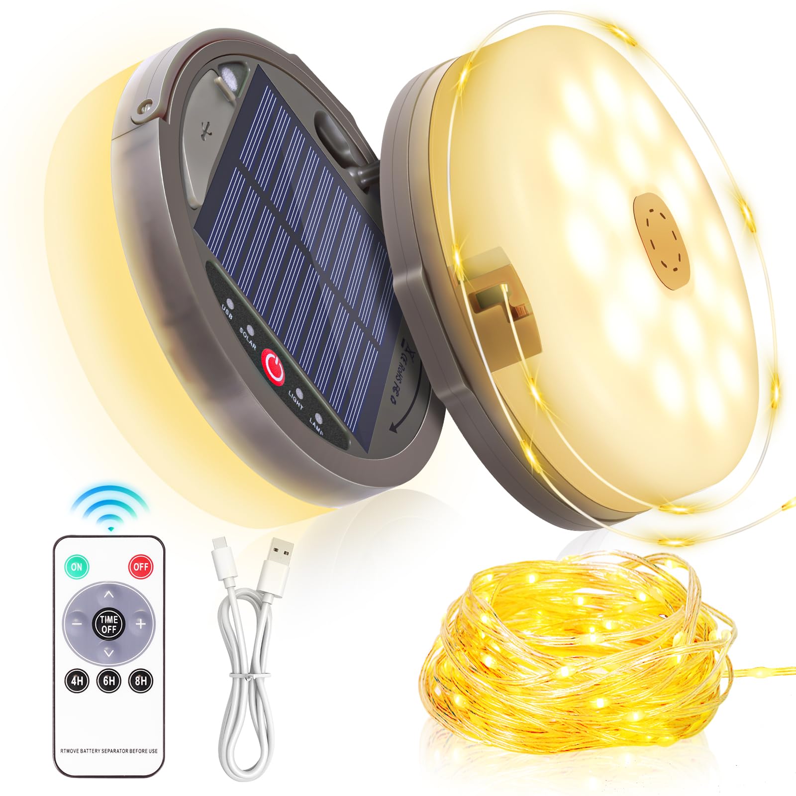 Camping String Light 4 In 1 Retractable 42Ft Solar /Usb Rechargeable 3600Mah Waterproof Hanging Outdoor Camping Lantern With 8 L