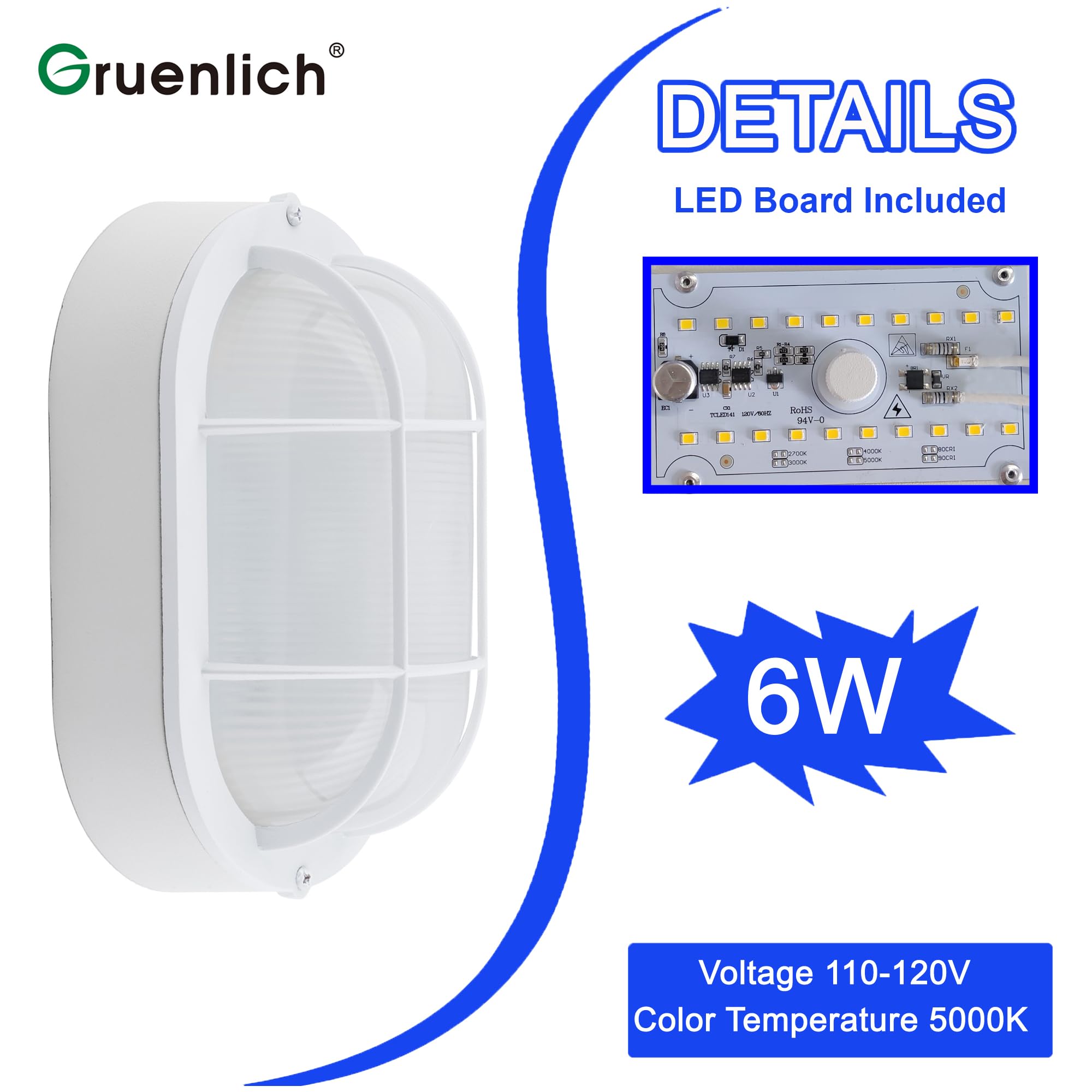 Gruenlich Led Bulkhead Light, Flush Mount For Wall Or Ceiling, 6W, 520 Lumen, Dimmable 5000K Daylight White, Outdoor Rated, Alum