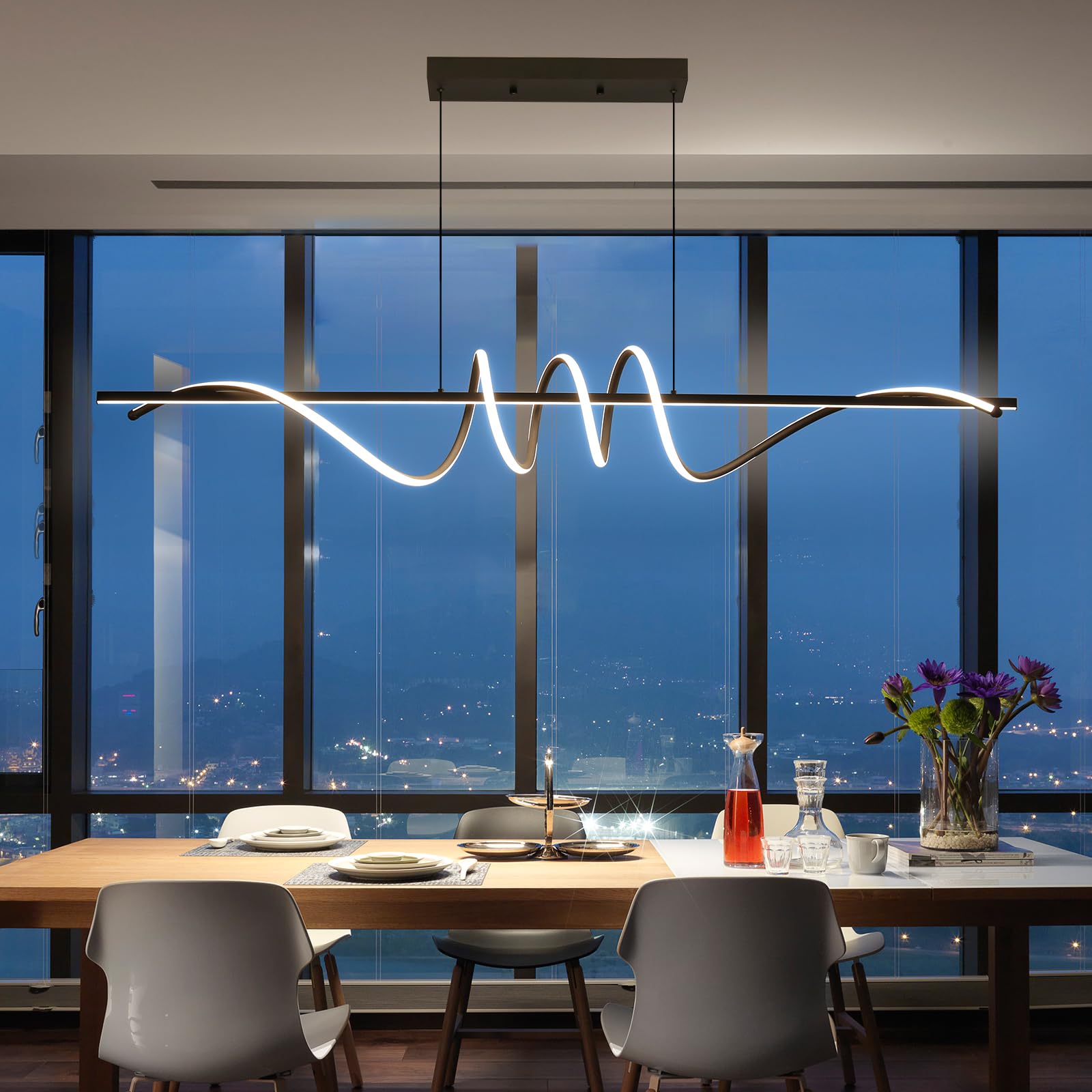Matven Modern Ceiling Chandelier Light, Acrylic Anti Flicker Pendant Lamp With Remote Control Dimmable 3 Color Mode & Brightness (Warm Cool Neutral Light) For Kitchen Bar(Black,57In
