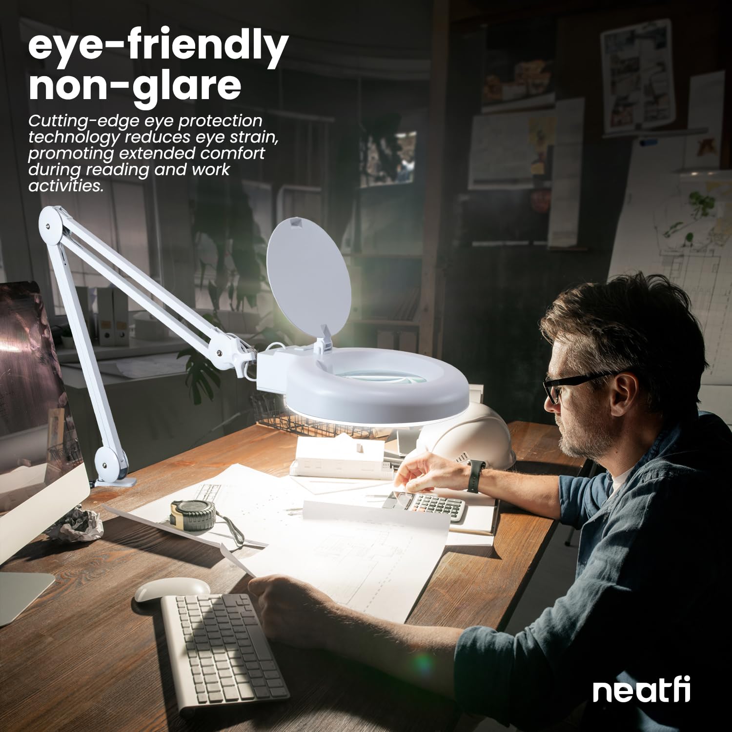 Neatfi LED Magnifying Lamp with Clamp, 12W, 60 SMD LEDs, 5-Diopter, Adjustable Brightness, White
