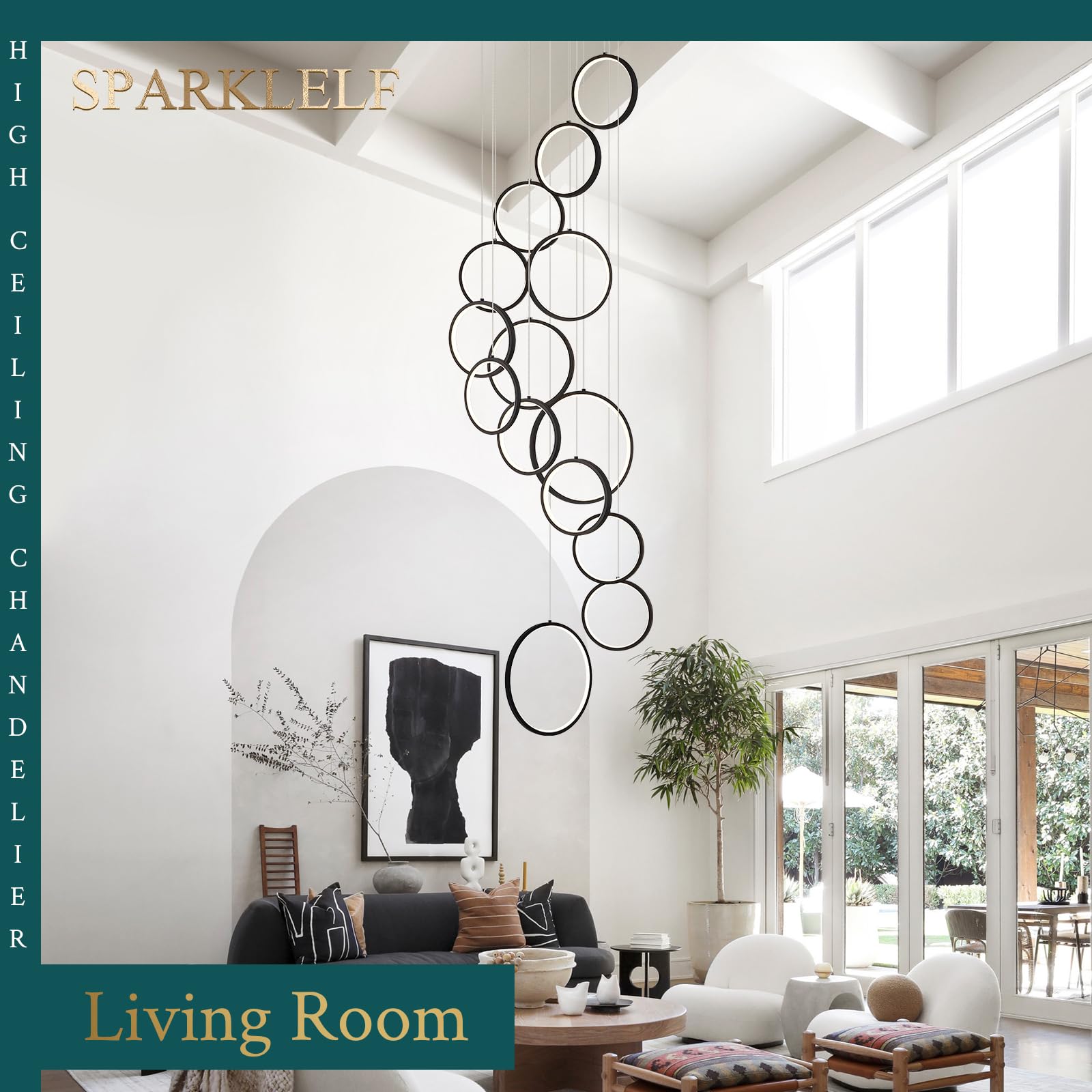 Sparklelf 14 Rings Modern Led Chandelier For High Ceiling Dimmable Black Contemporary Foyer Long Chandelier For Entryway, Long P