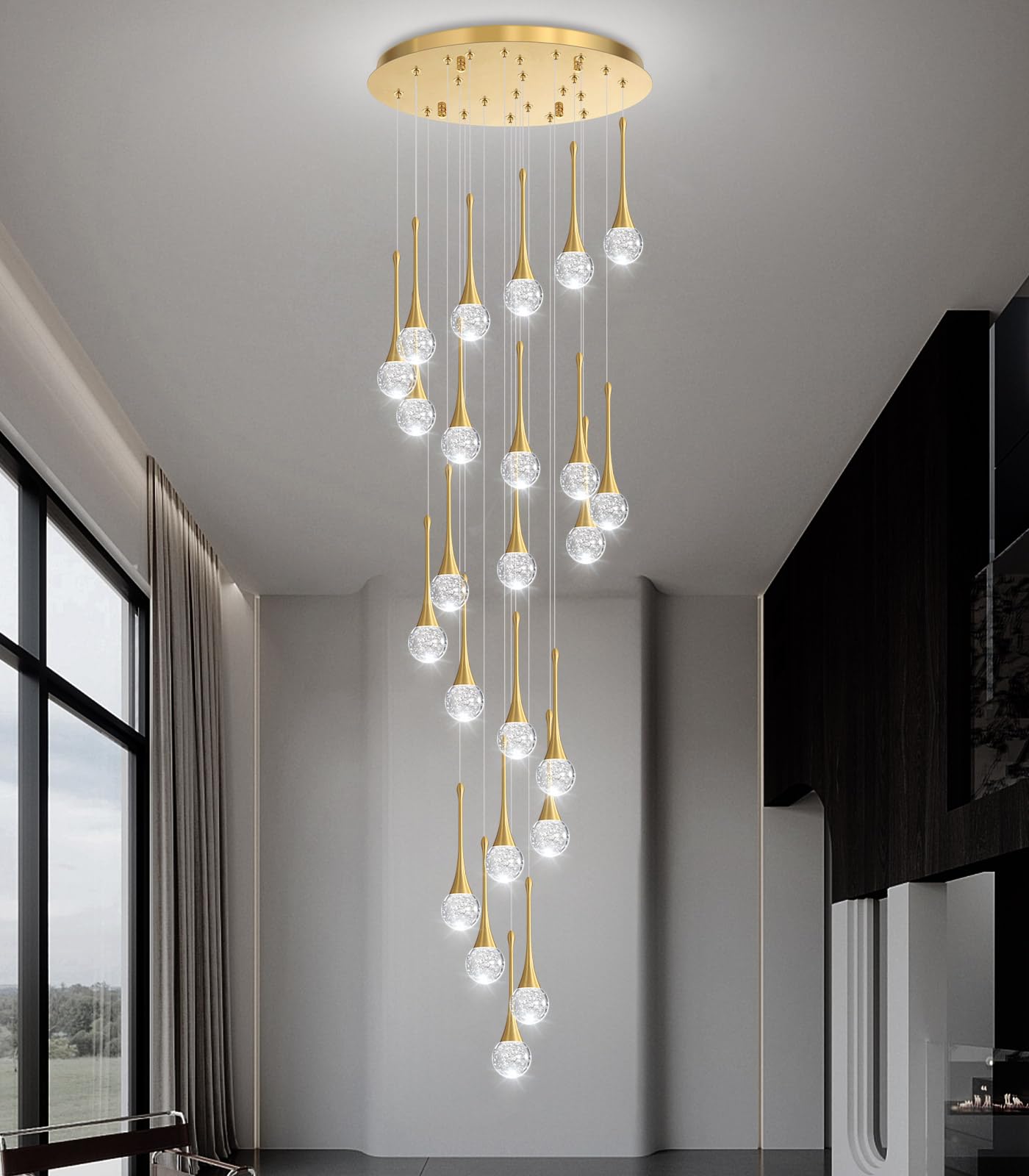cenozo 24-Light Modern Glam Crystal Chandelier, LED Dimmable, Antique Gold, High Ceiling Lighting, Model RS2037-24G