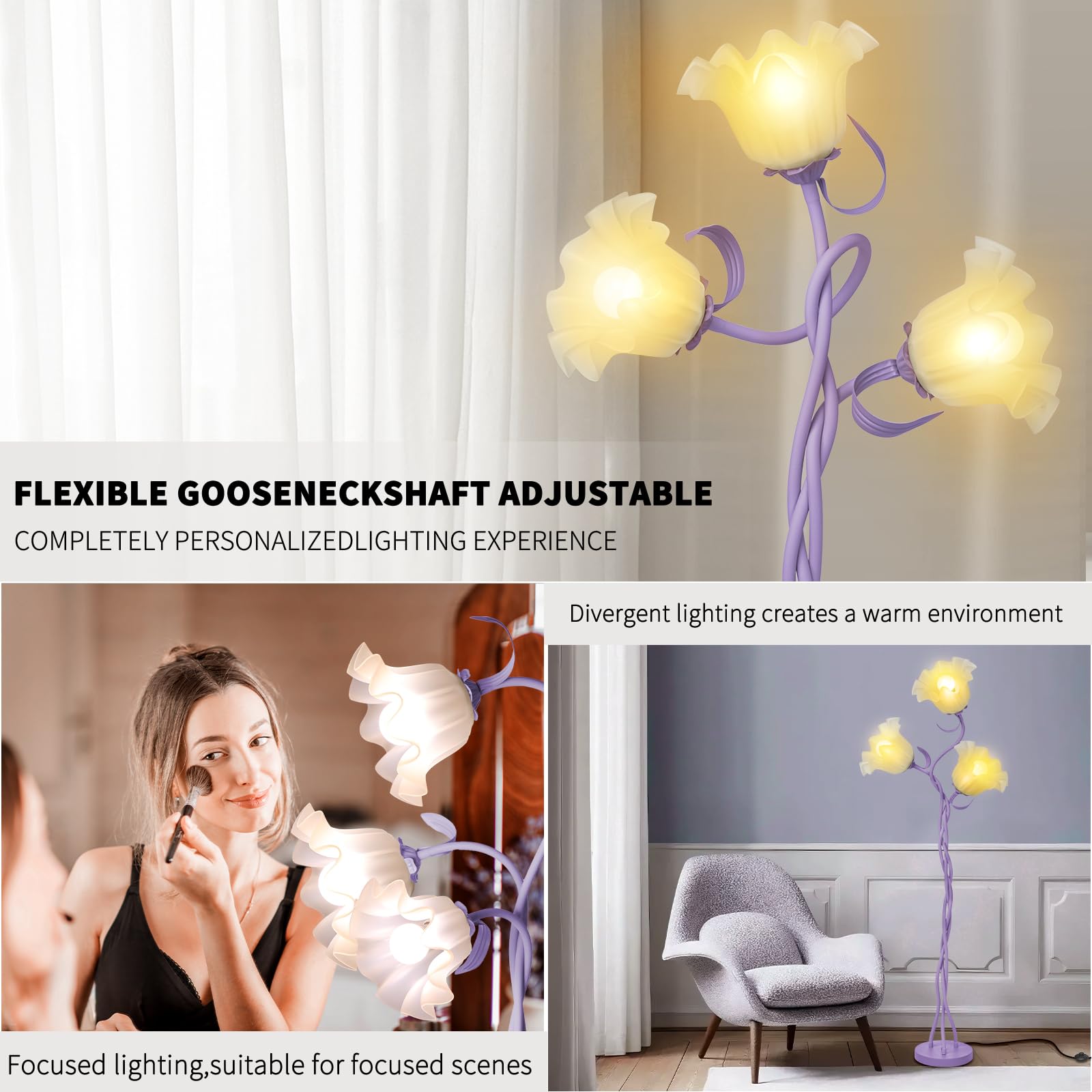 Fuzzbopn Flower Floor Lamp For Living Room, Tall Cute Reading Lamp With Flexible Neck Shaft For Bedroom Decor, Modern Corner Flo