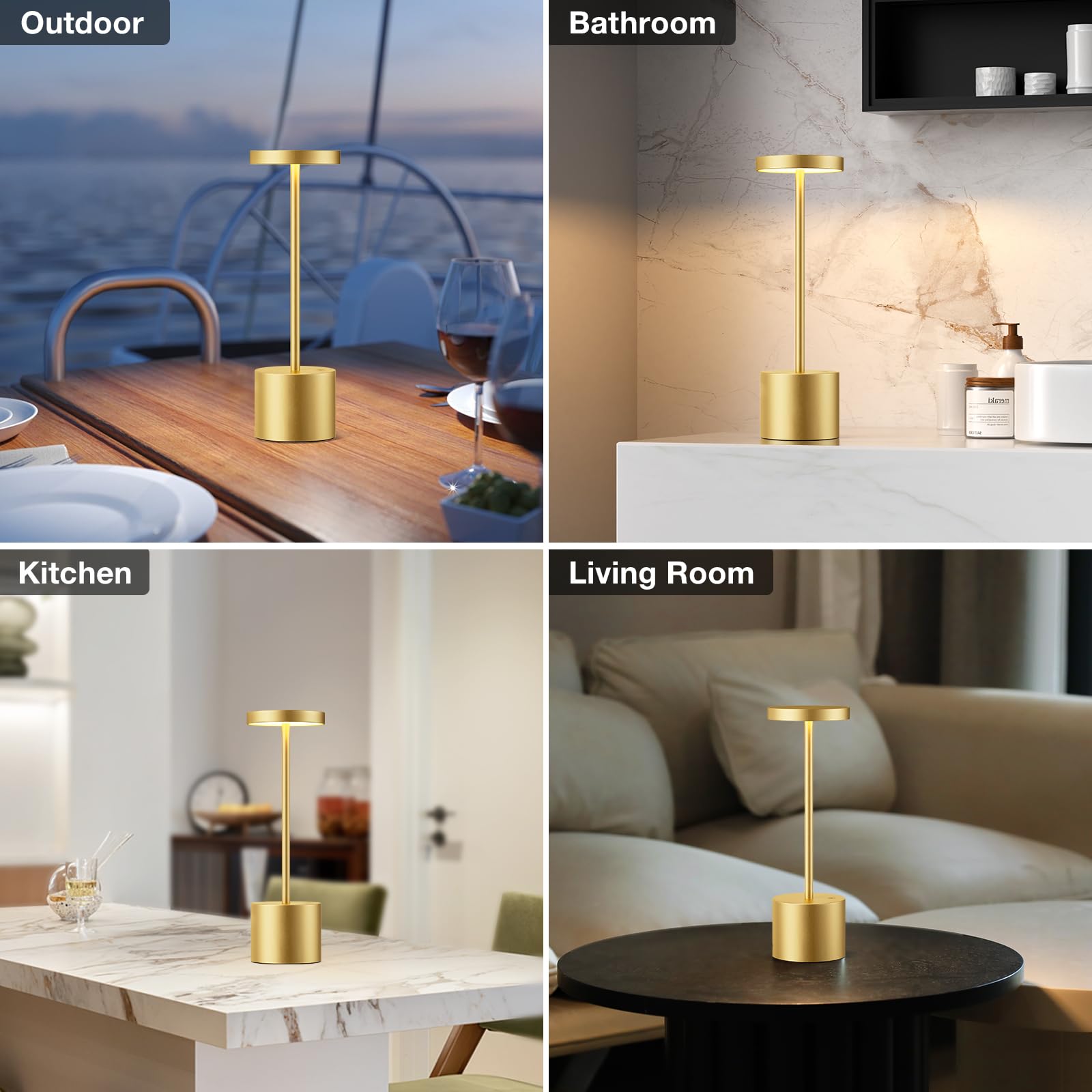 Kakanuo Gold Cordless Lamp Set - Rechargeable LED Lamps, 3 Color Temperatures, Touch Control, Stepless Dimmable, 2 Pack